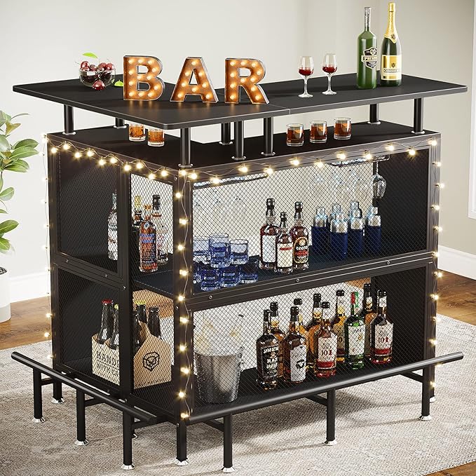 Home Bar Unit, L-Shaped Bar Table with Stemware Racks and 2-Tier Shelves