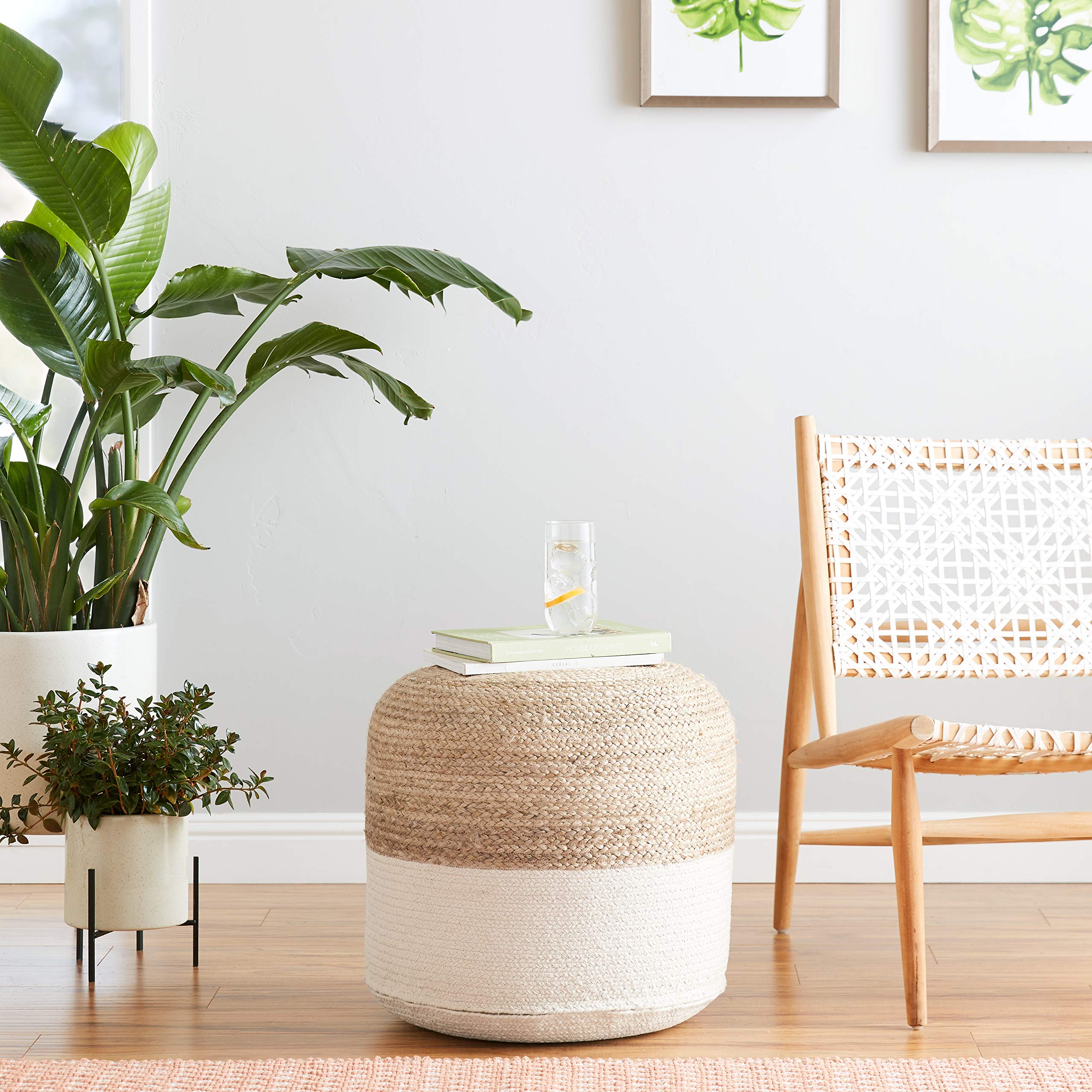 Sweed Valley Jute & Cotton Pouf, 19 x 19 Inches, Beige & White