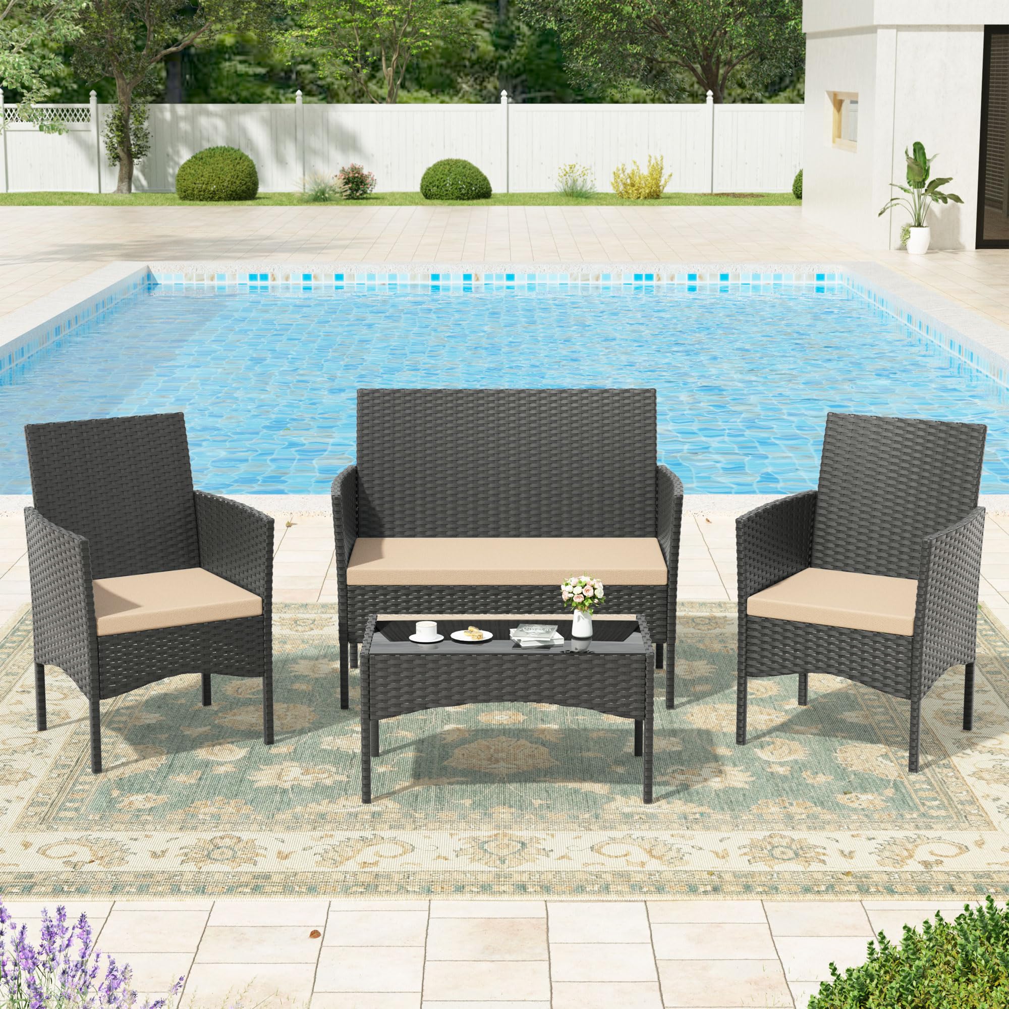 4 Pieces Outdoor Patio Furniture Set,PE Wicker Rattan Chairs Garden Conversation