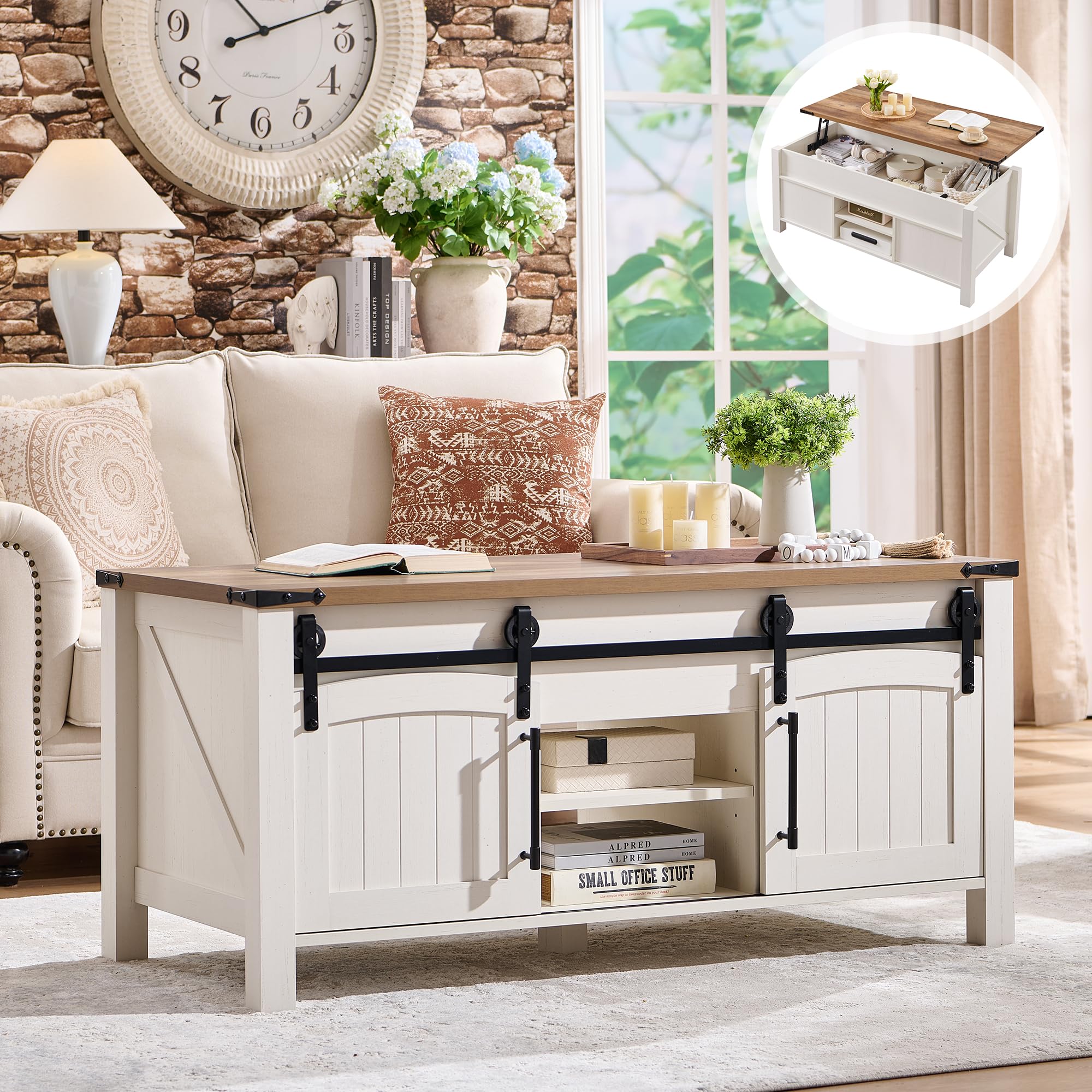 Farmhouse Lift Top Coffee Table with Sliding Door, 48" Large Rustic Center Table