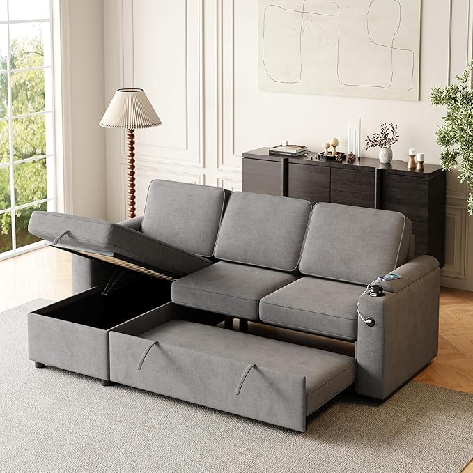 Sleeper Sectional Sofa W/Pull Out Bed,L Shaped Sofa Bed W/Storage Chaise