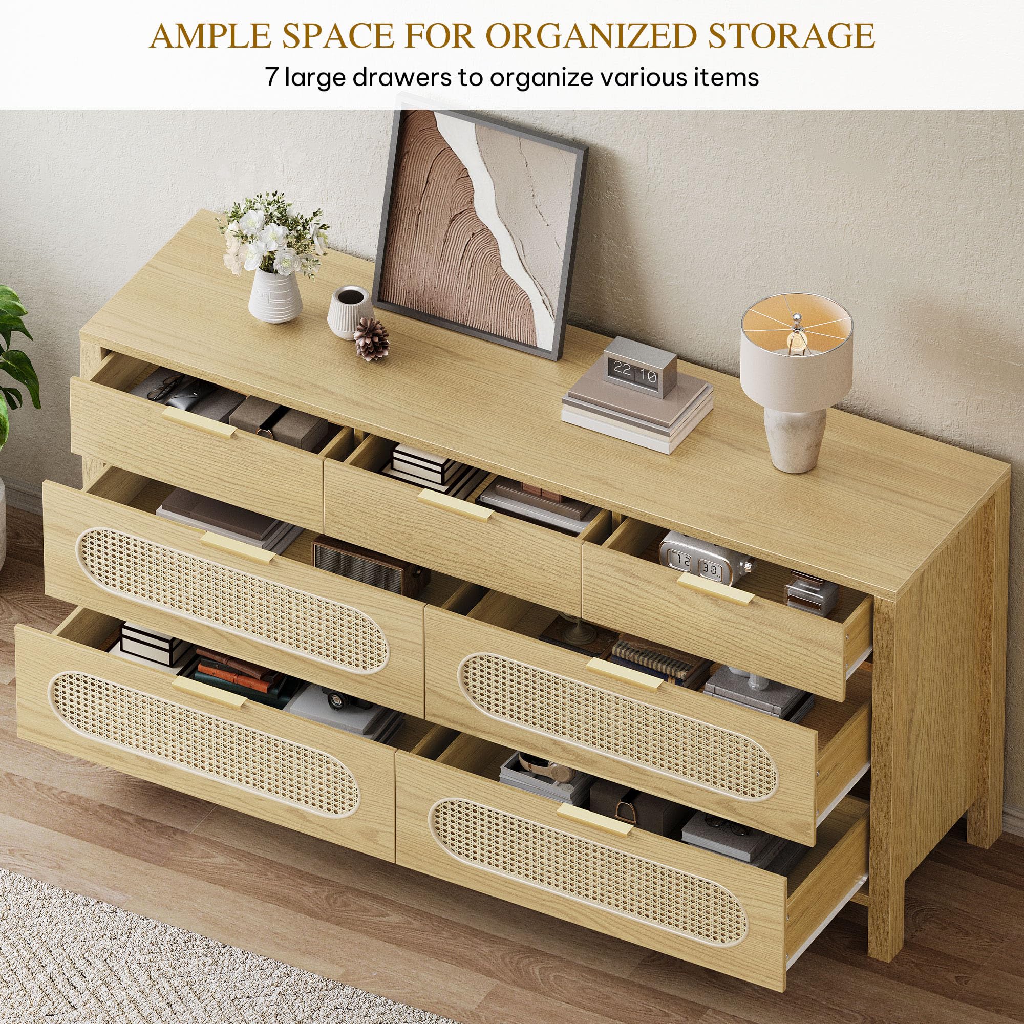 Natural Rattan 7 Drawer Dressers - Oak Wooden Dresser Chest of Drawers