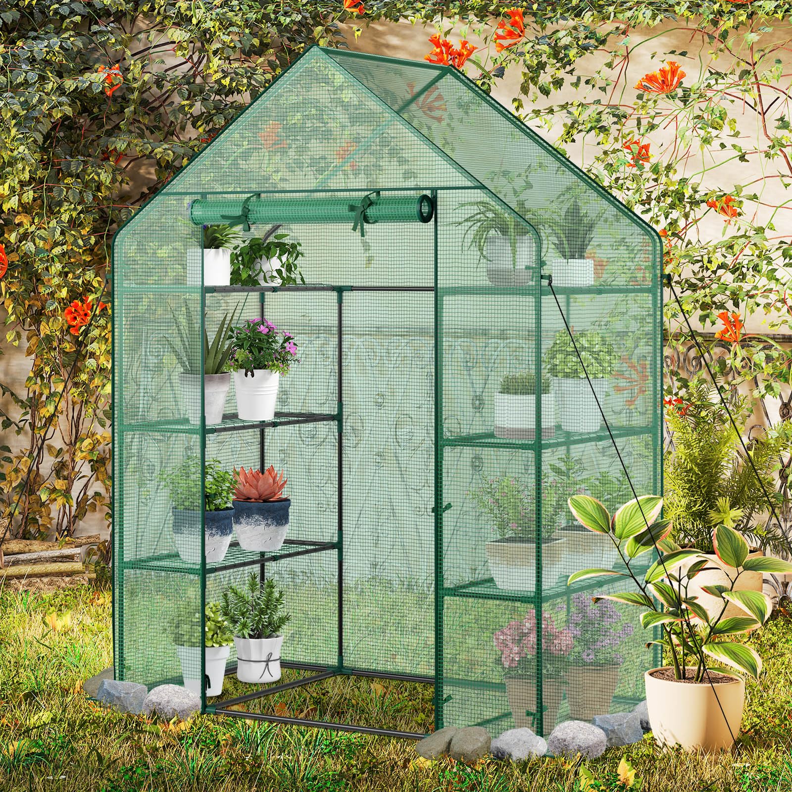 Walk-in Greenhouse, Potable Greenhouse with Roll-up & Zippered Door, PE Cover, 4 Tier