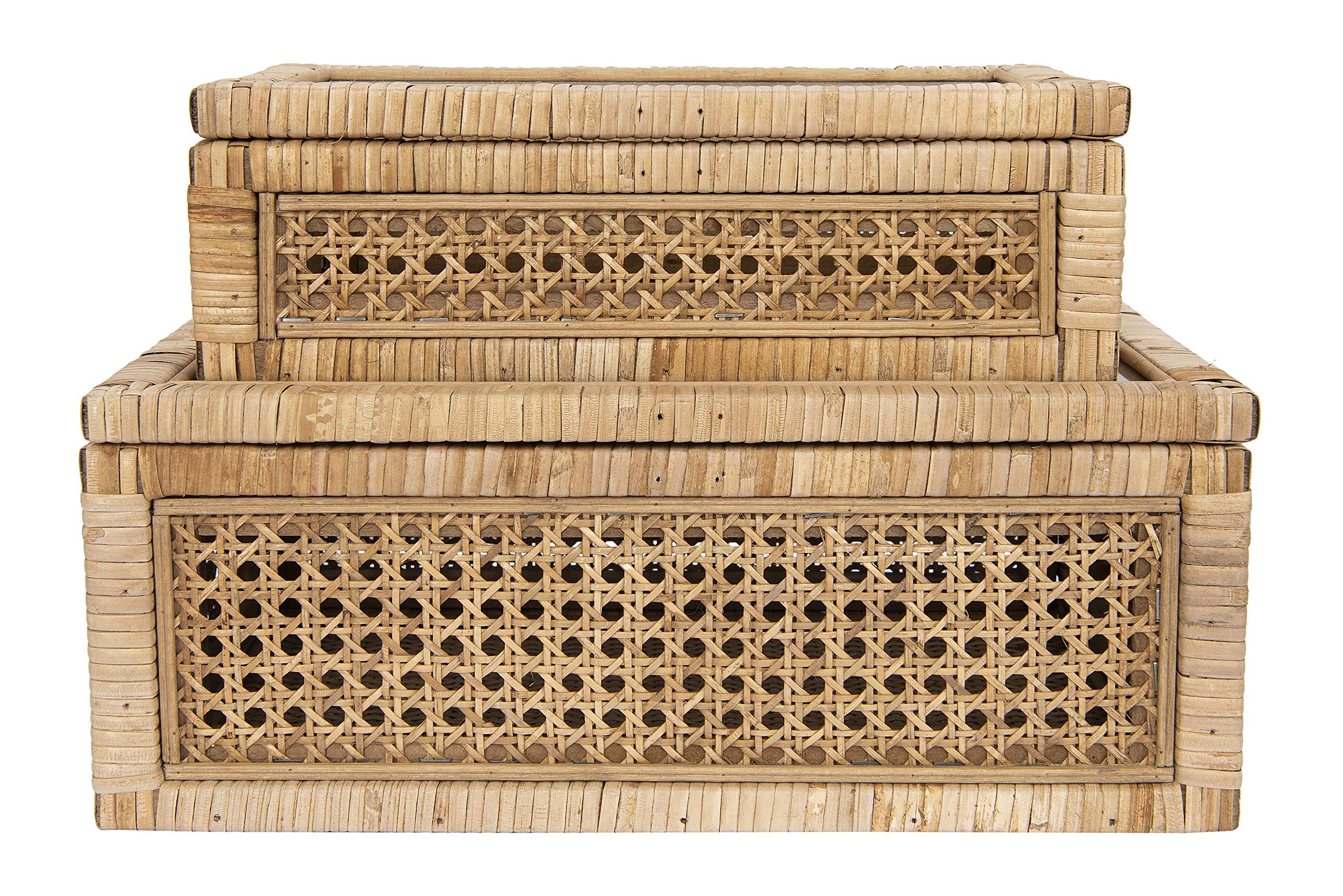 Modern Decorative Rectangle Woven Rattan and Wood Display Boxes