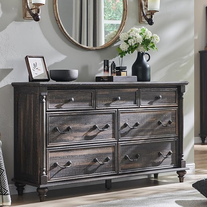 Farmhouse 7 Drawers Dresser Chests for Bedroom w/ 4 Column Solid Wood Feet