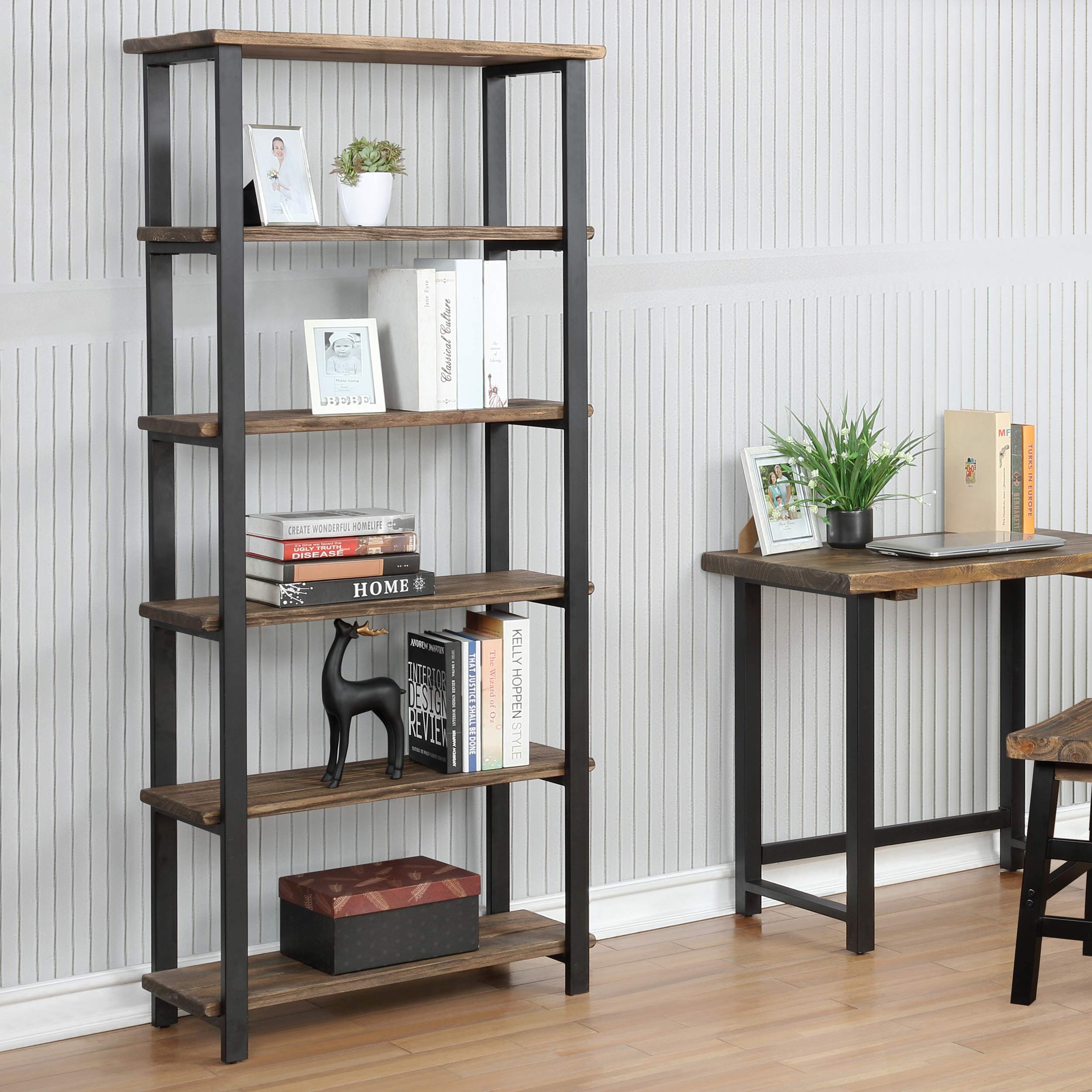 Pomona 70-Inch Tall 5-Shelf Solid Solid Wood & Metal Bookcase