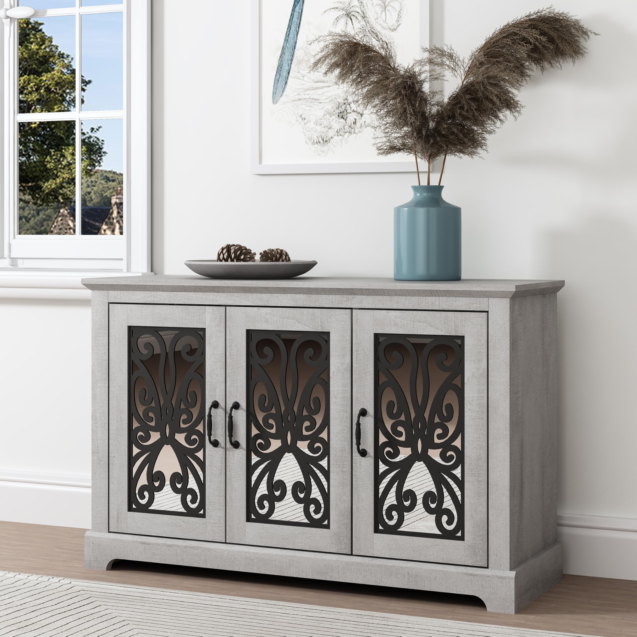 Sideboard Storage Cabinet, Wood Accent Buffet Cabinet with 3 Doors & Adjustable Shelves
