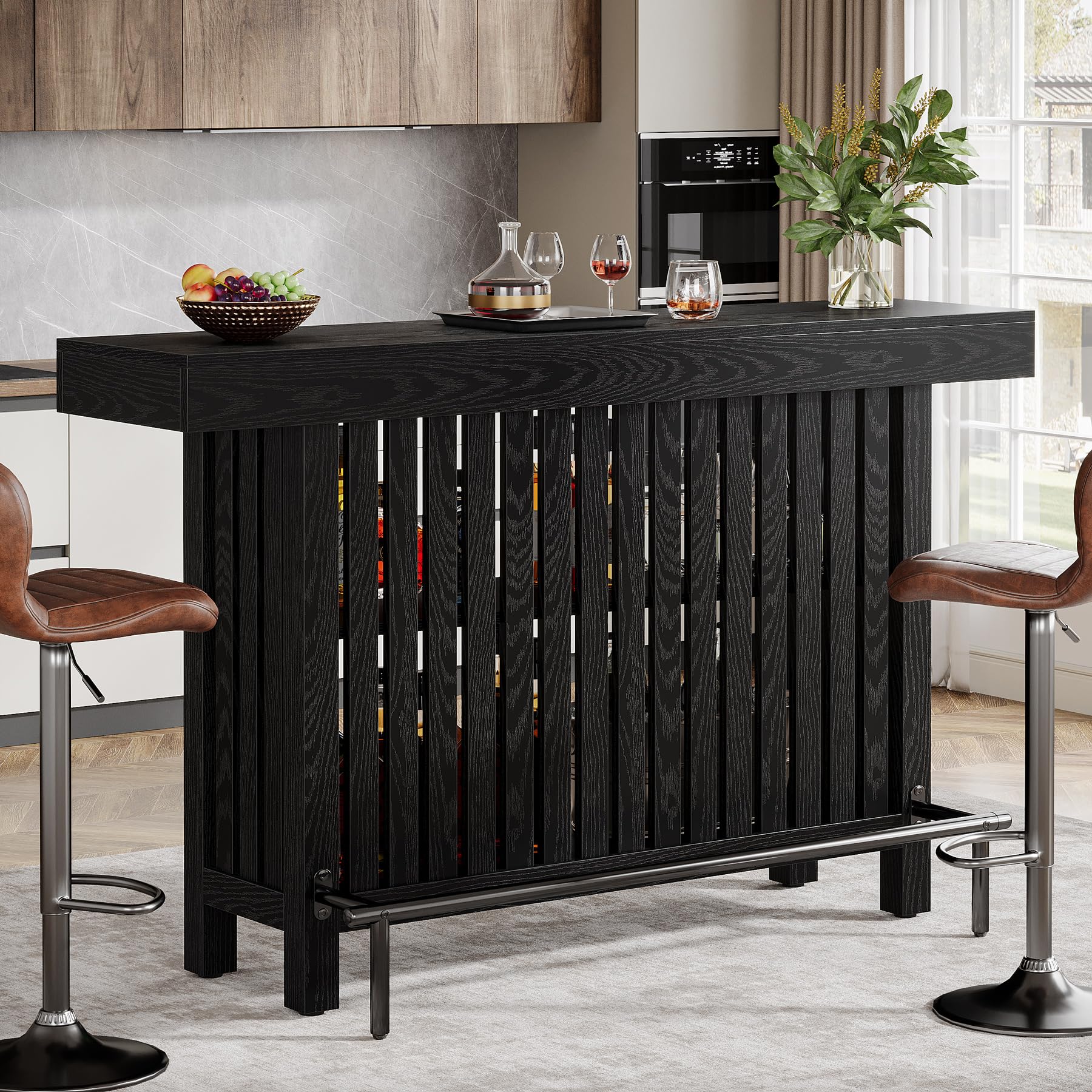 63-Inch Large Home Bar Unit, 2-Tier Mini Bar Table Height Pub Table with Footrest