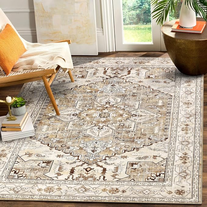 8x10 Large Area Rug, Non-Slip Washable Boho Vintage Living Room Bedroom Rug