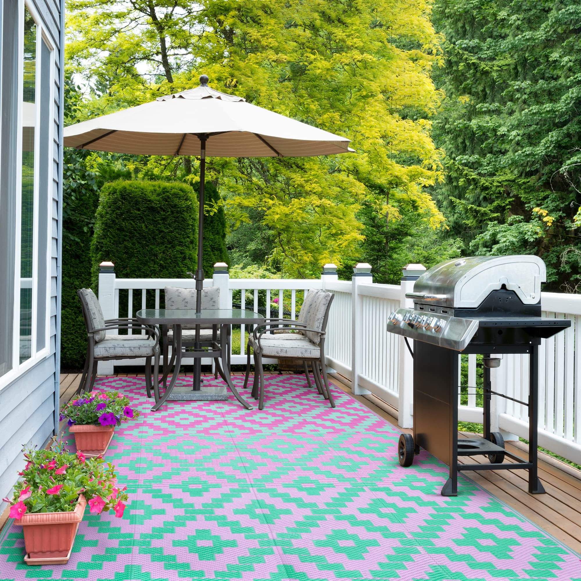 Ombre Outdoor Area Rugs 8x10 Waterproof, Reversible Plastic Straw Outside Rug