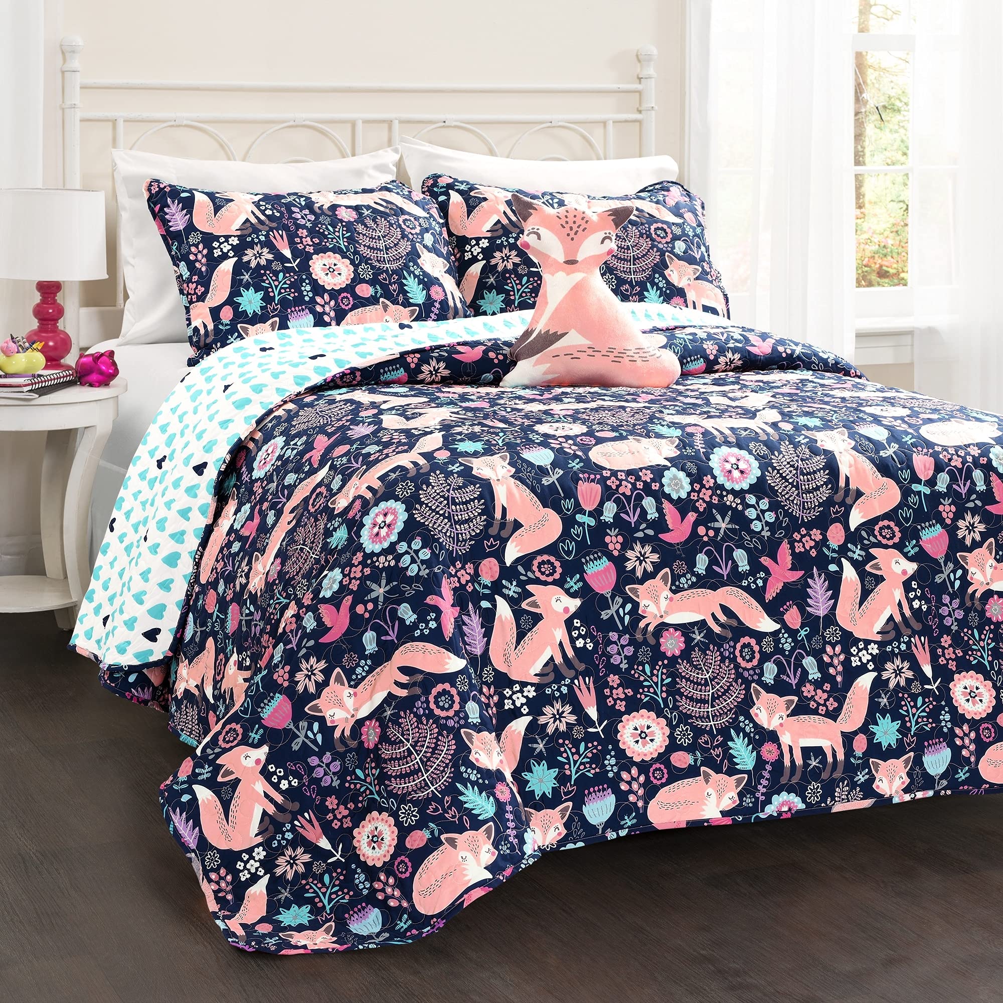 Pixie Fox Reversible Quilt Set, 4 Piece Set, Full/Queen, Navy & Pink - Fun