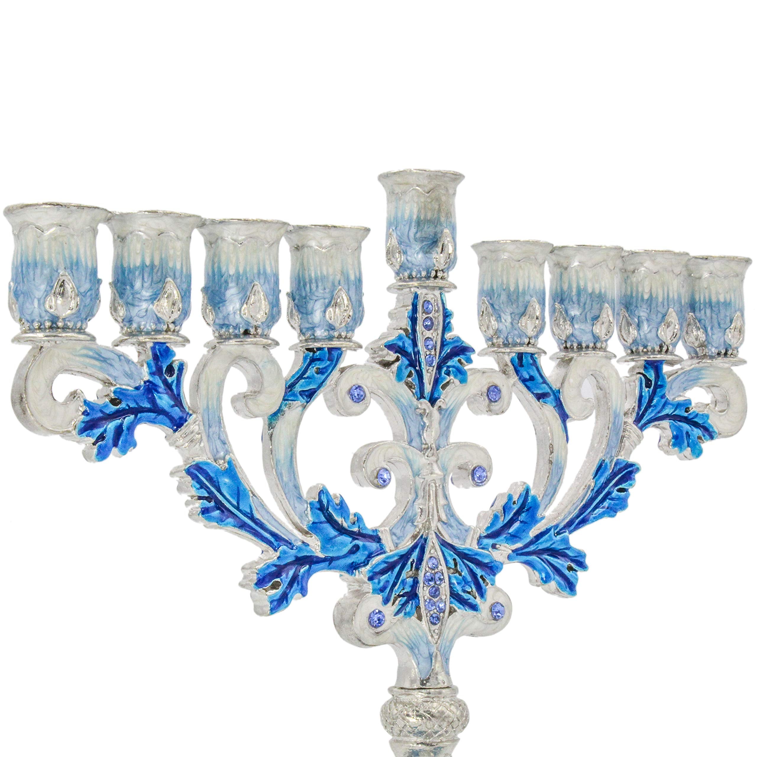 Enameled Metal Menorah with Jeweled Accents (Hand-Painted Enamel Menorah Blue/White/Silver)