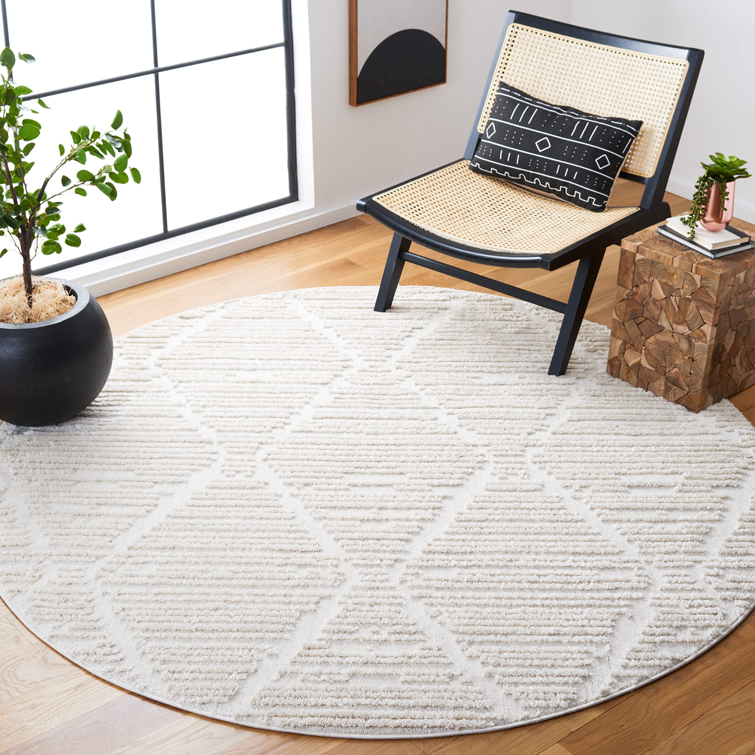 Marrakech Collection Area Rug - 10' Round, Beige, Moroccan Boho Tribal Tassel Design