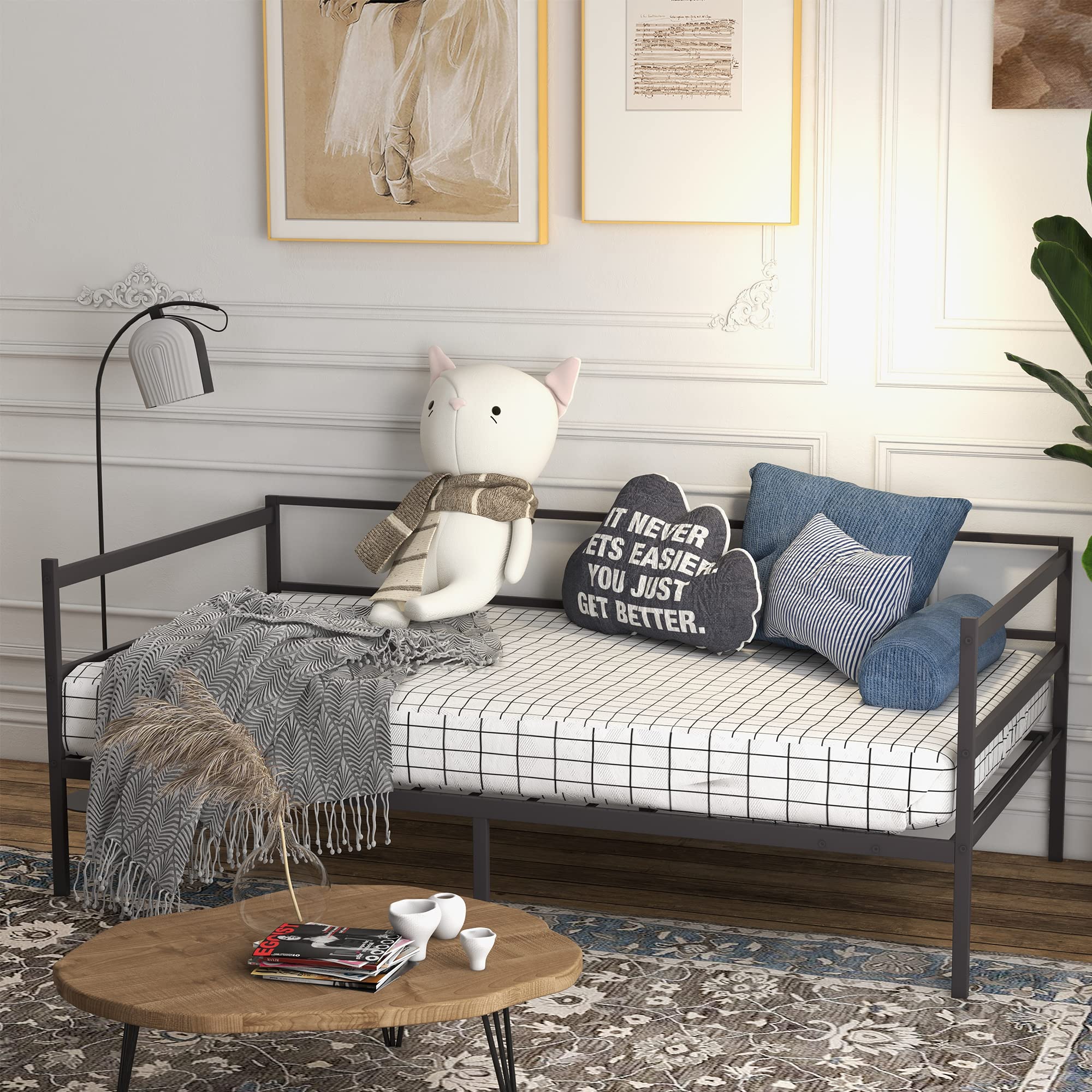 Metal Daybed Frame Twin Size, Heavy-Duty Steel Slats Support Sofa Bed, Platform Mattress