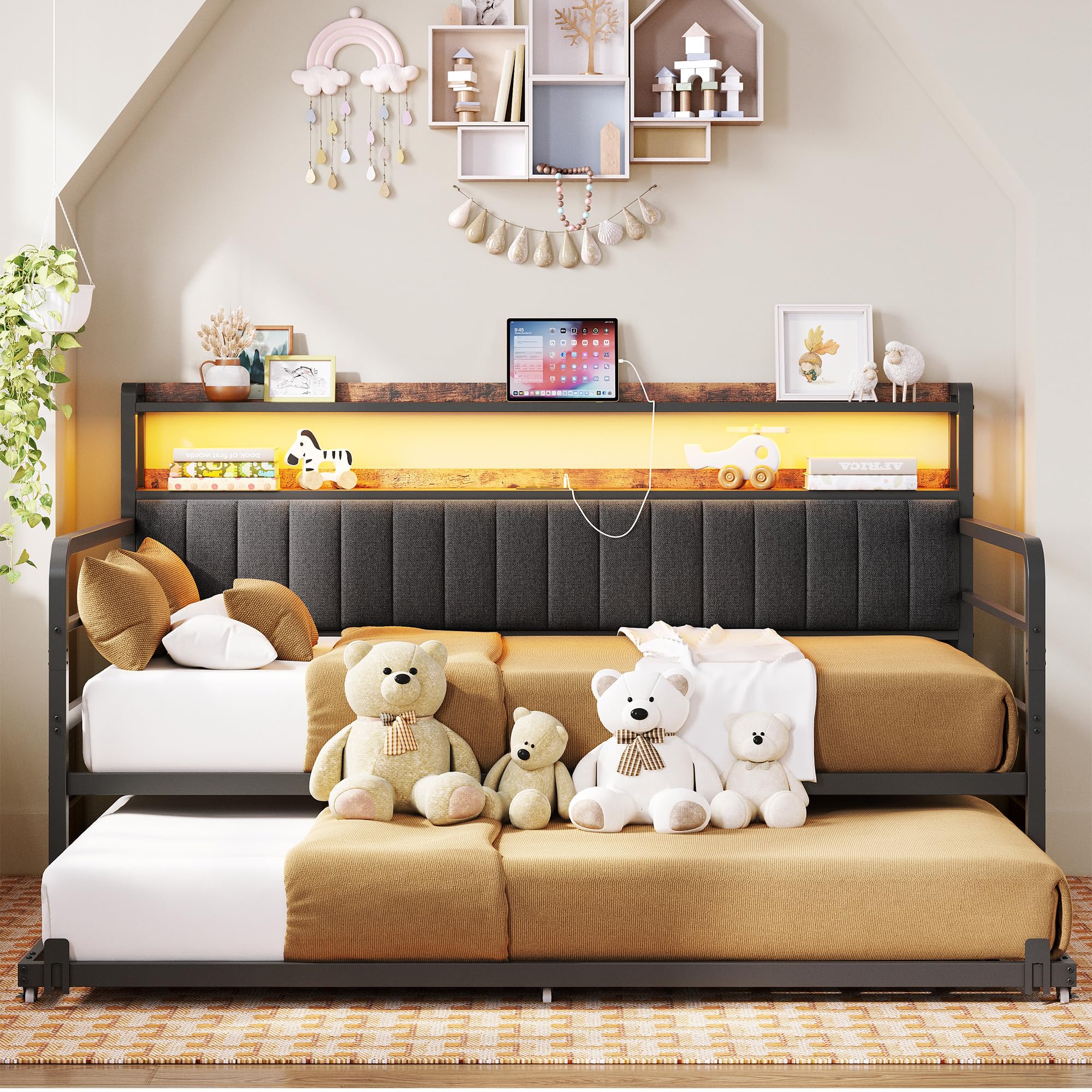 Daybed with Trundle, LED Lights and Charging Station, Twin Size Daybed