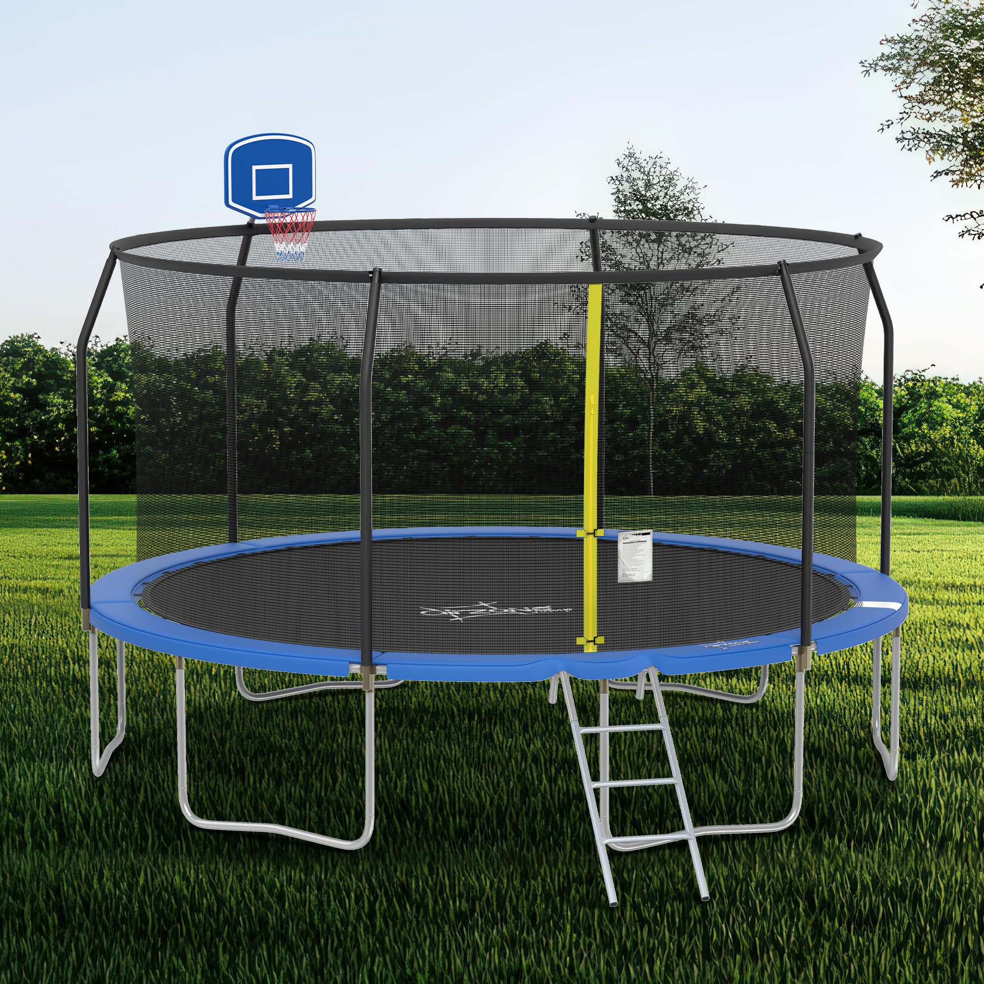14FT Trampoline with Basketball Hoop, Outdoor Trampoline with Enclosure Net
