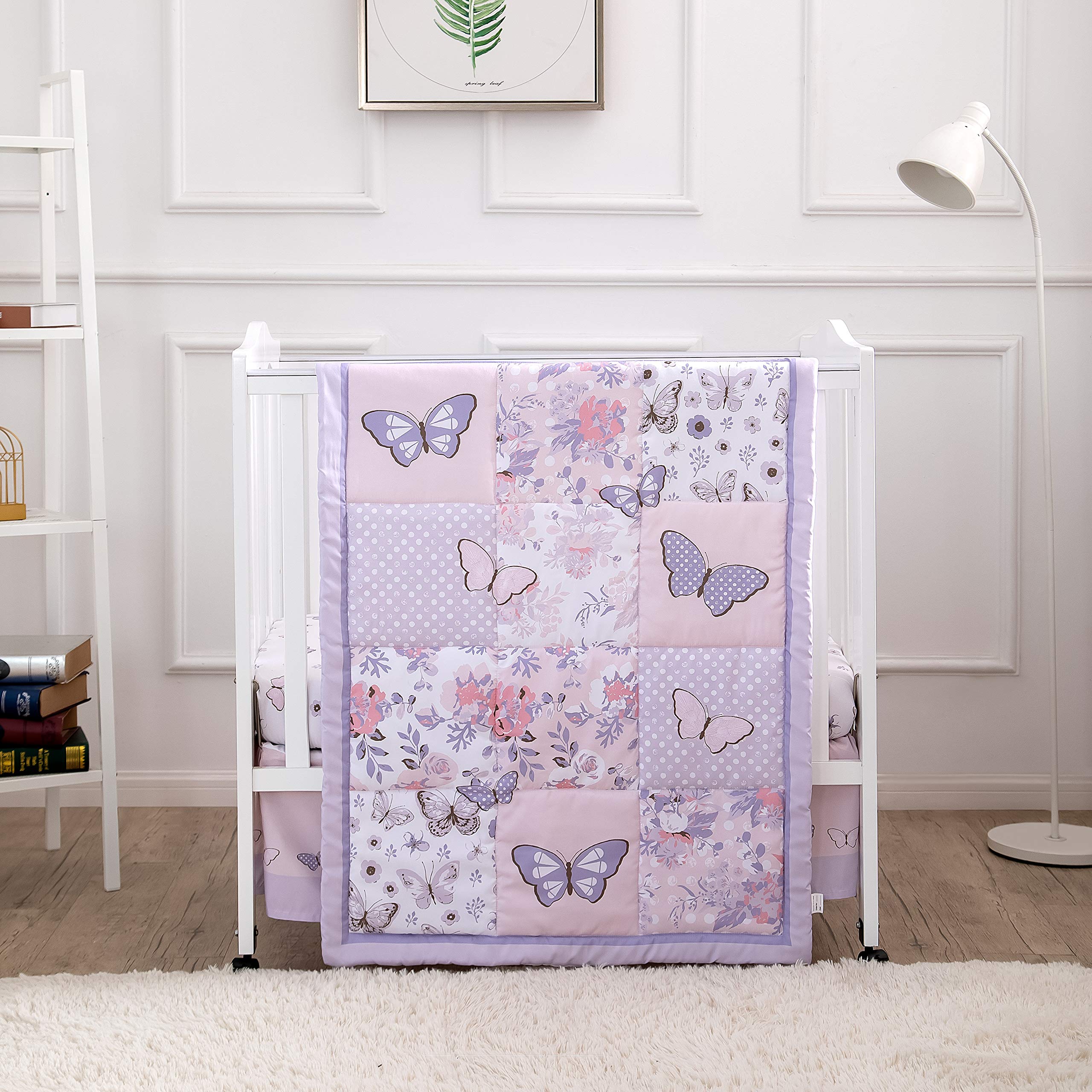 Baby Mini Crib Bedding Set for Girls, Pastel Purple Butterfly, 3 Piece Crib Set