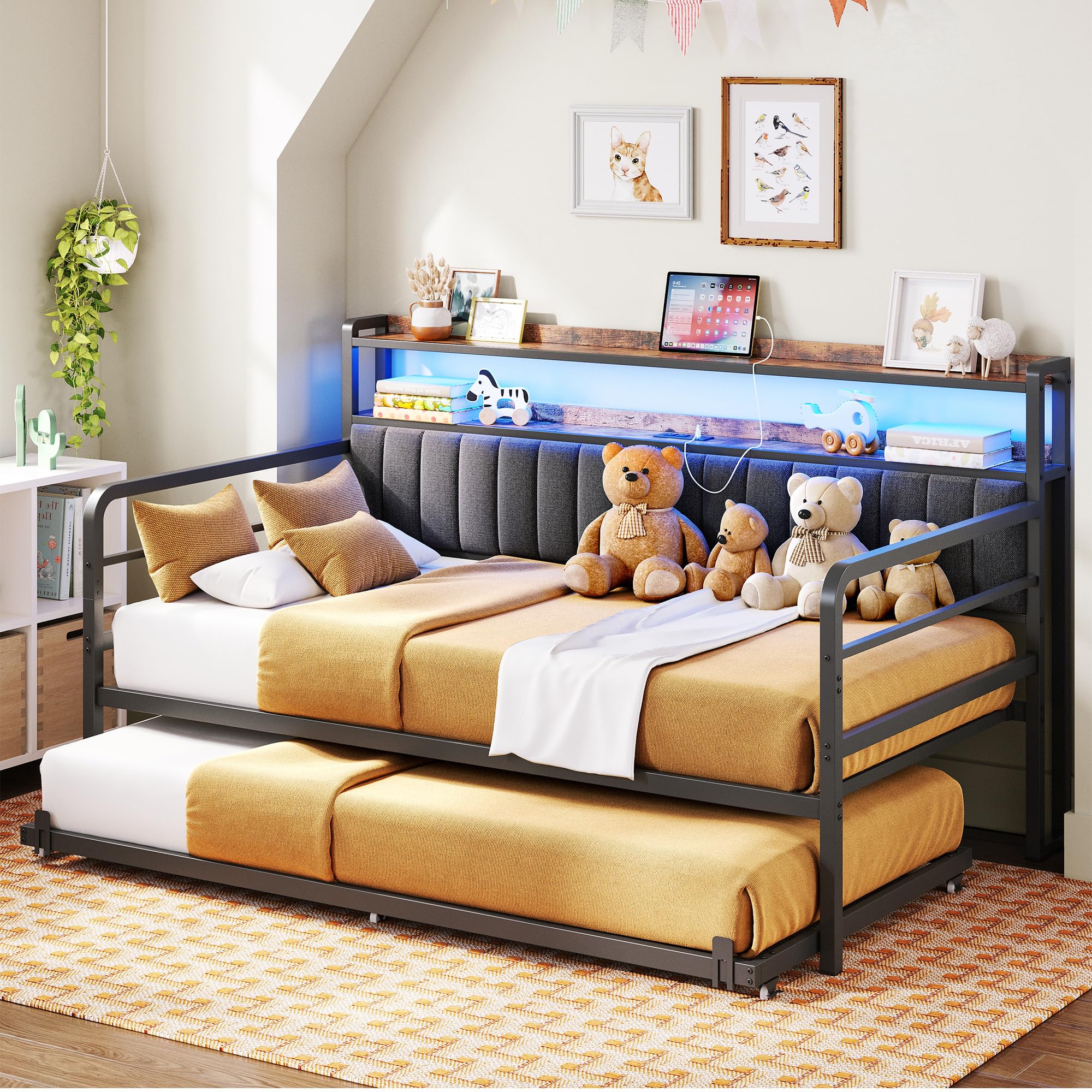 Daybed with Trundle, LED Lights and Charging Station, Twin Size Daybed