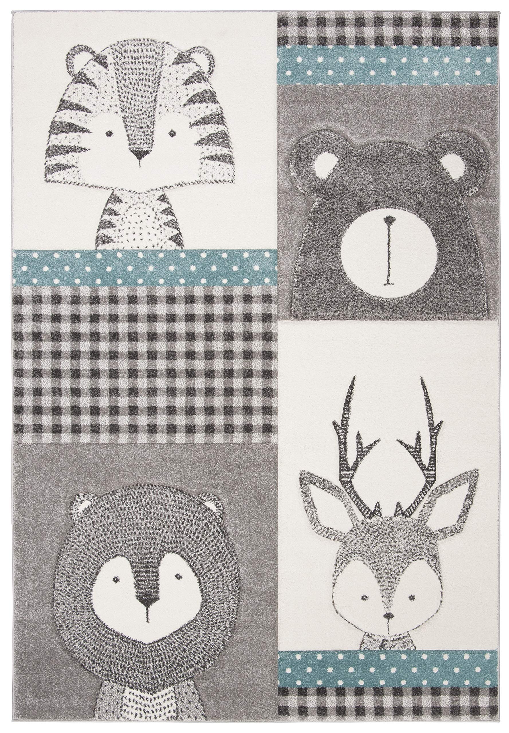 Carousel Kids Collection Area Rug - 5'3" x 7'6", Grey & Ivory, Animal Design