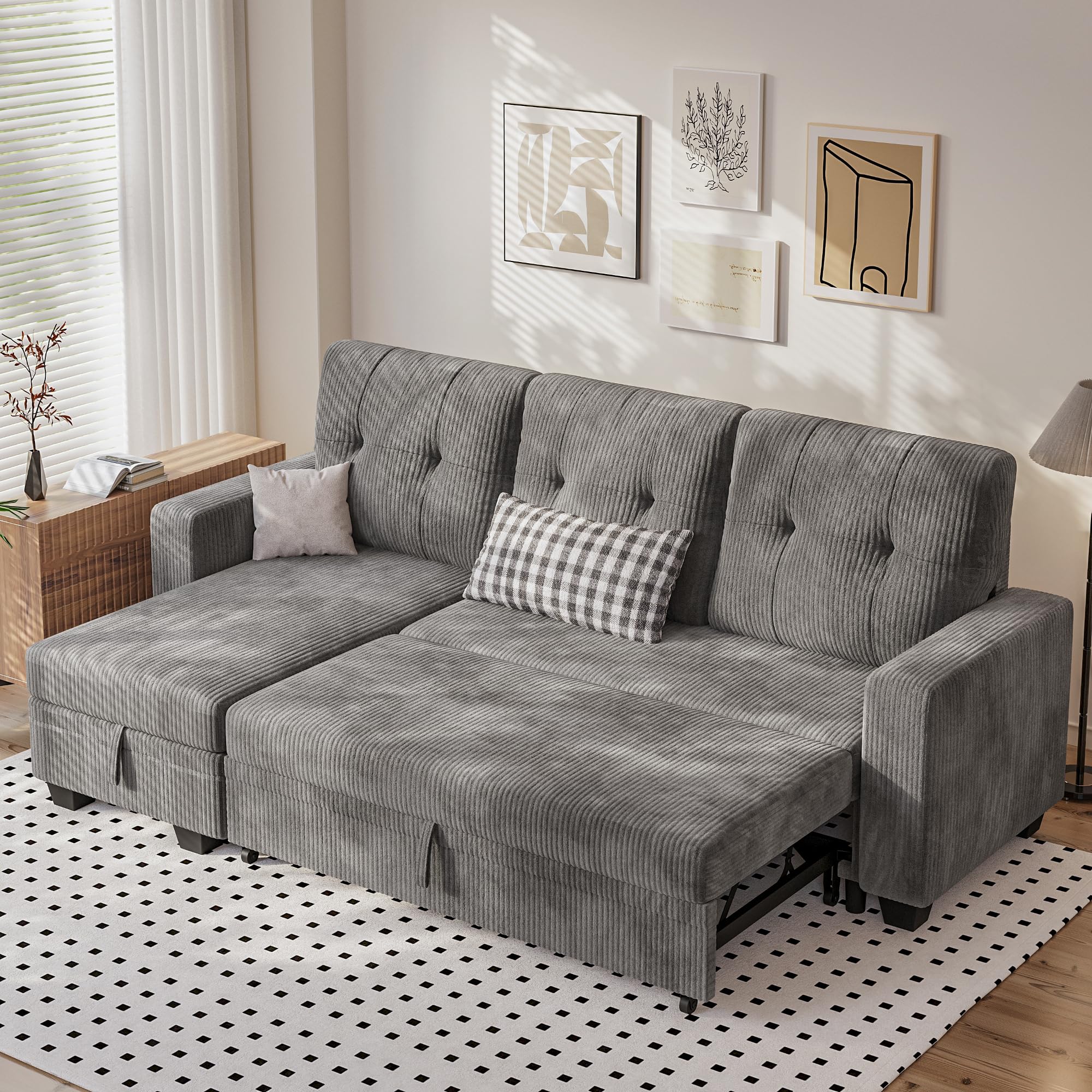 Sleeper Sofa Bed, Couch with Pullout Bed and Reversible Storage Chaise