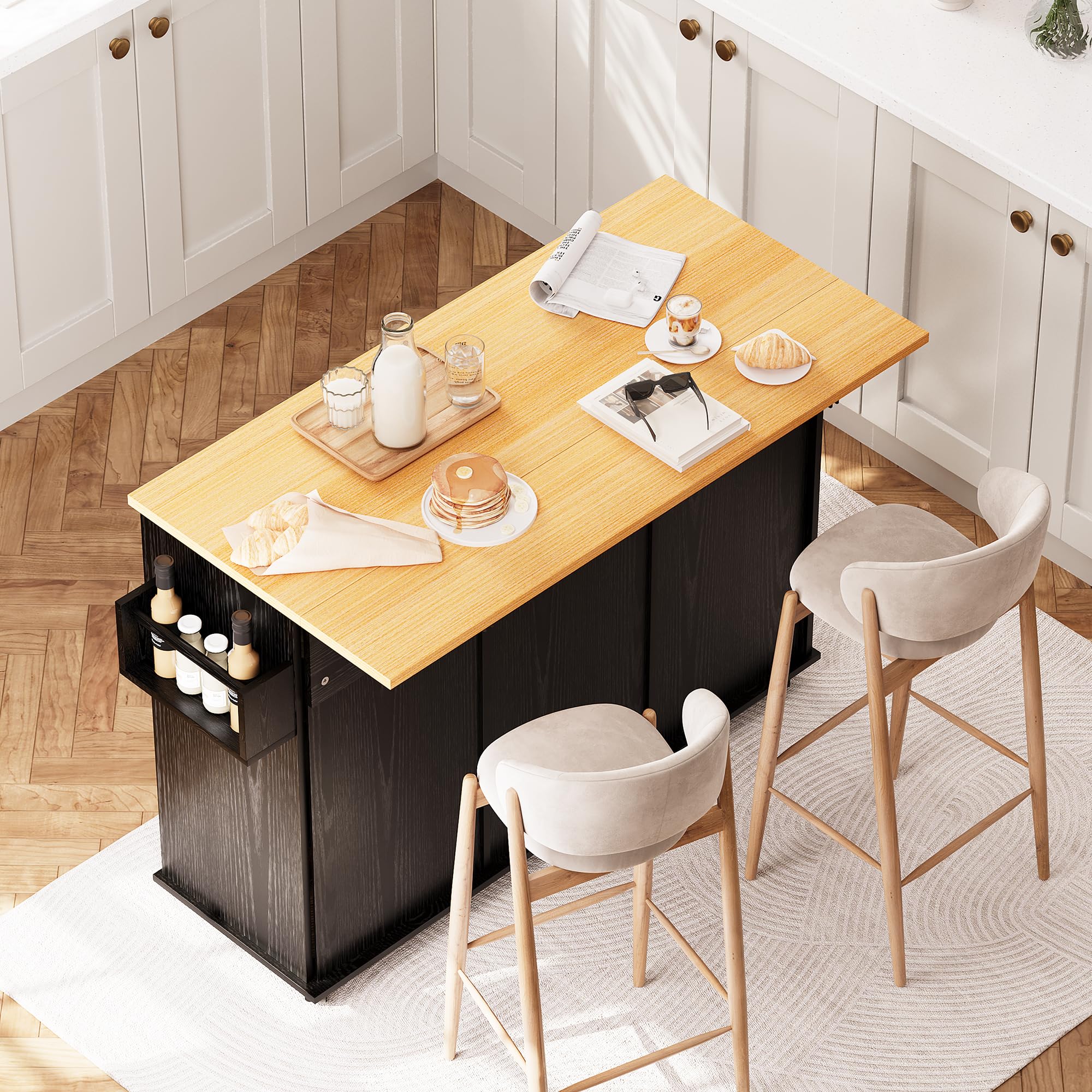 48" Rolling Kitchen Island with Drop Leaf & Trash Can Storage