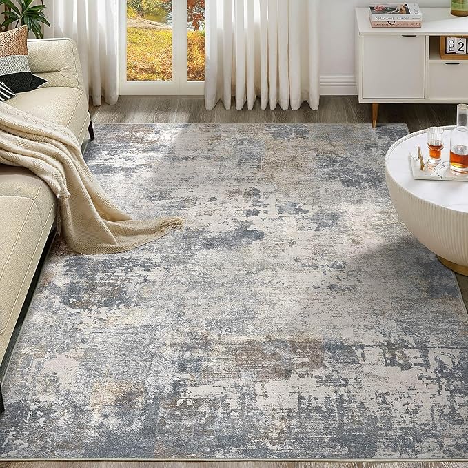 9x12 Area Rug Living Room Rugs - Washable Neutral Modern Abstract Soft Thin Large Rug
