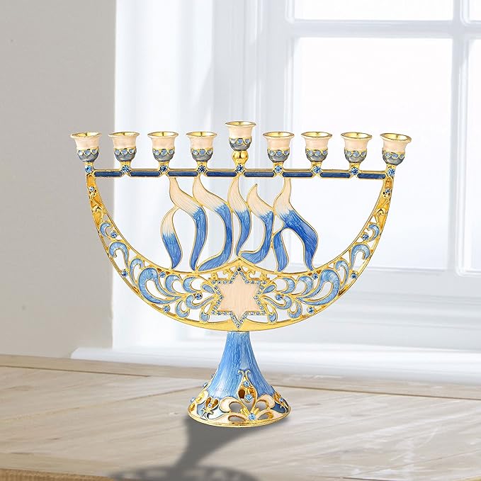 Hand Painted Blue and Ivory Tulip Menorah Candelabra, Embellished