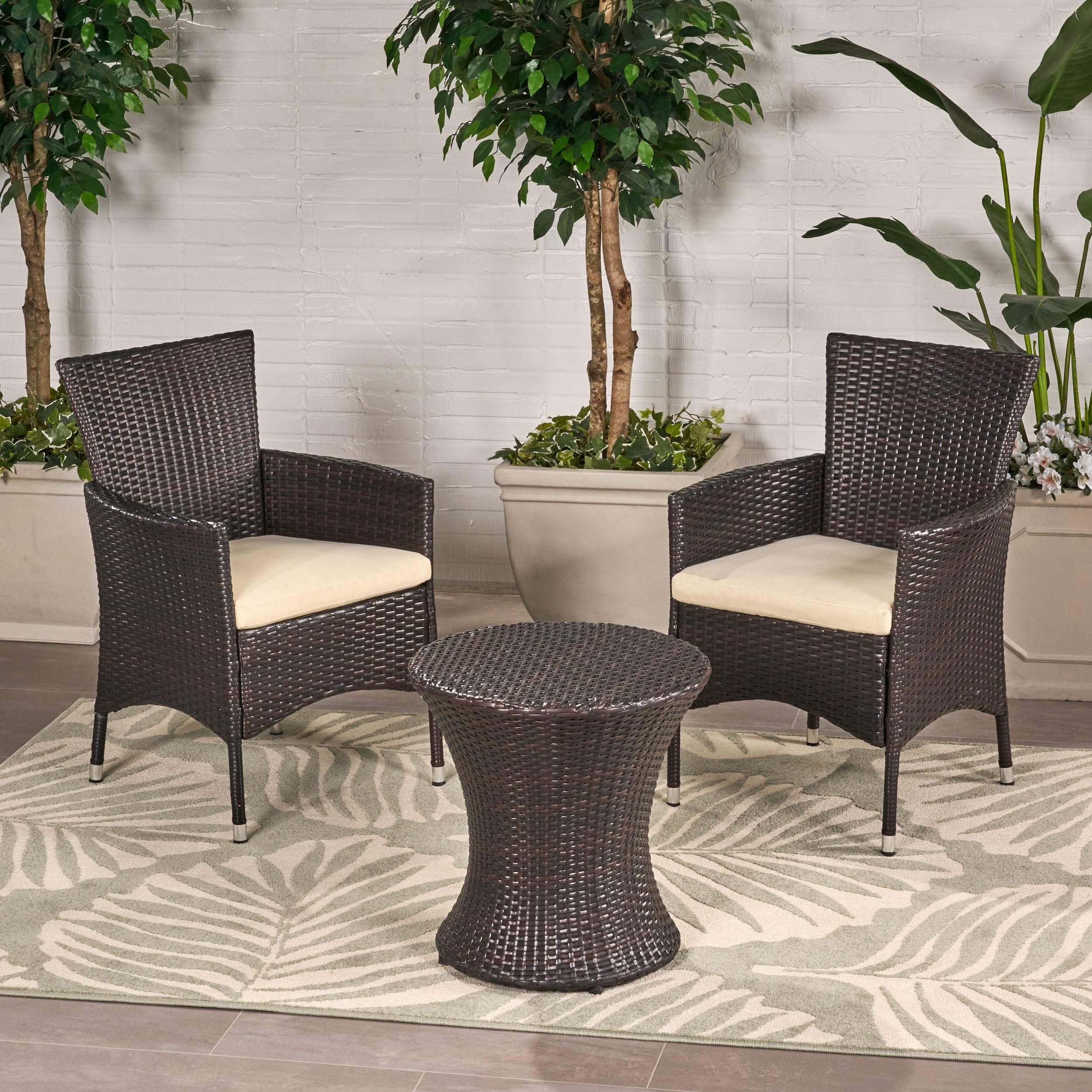 Malta Outdoor Wicker Chat Set, 3-Pcs Set, Multibrown / Beige