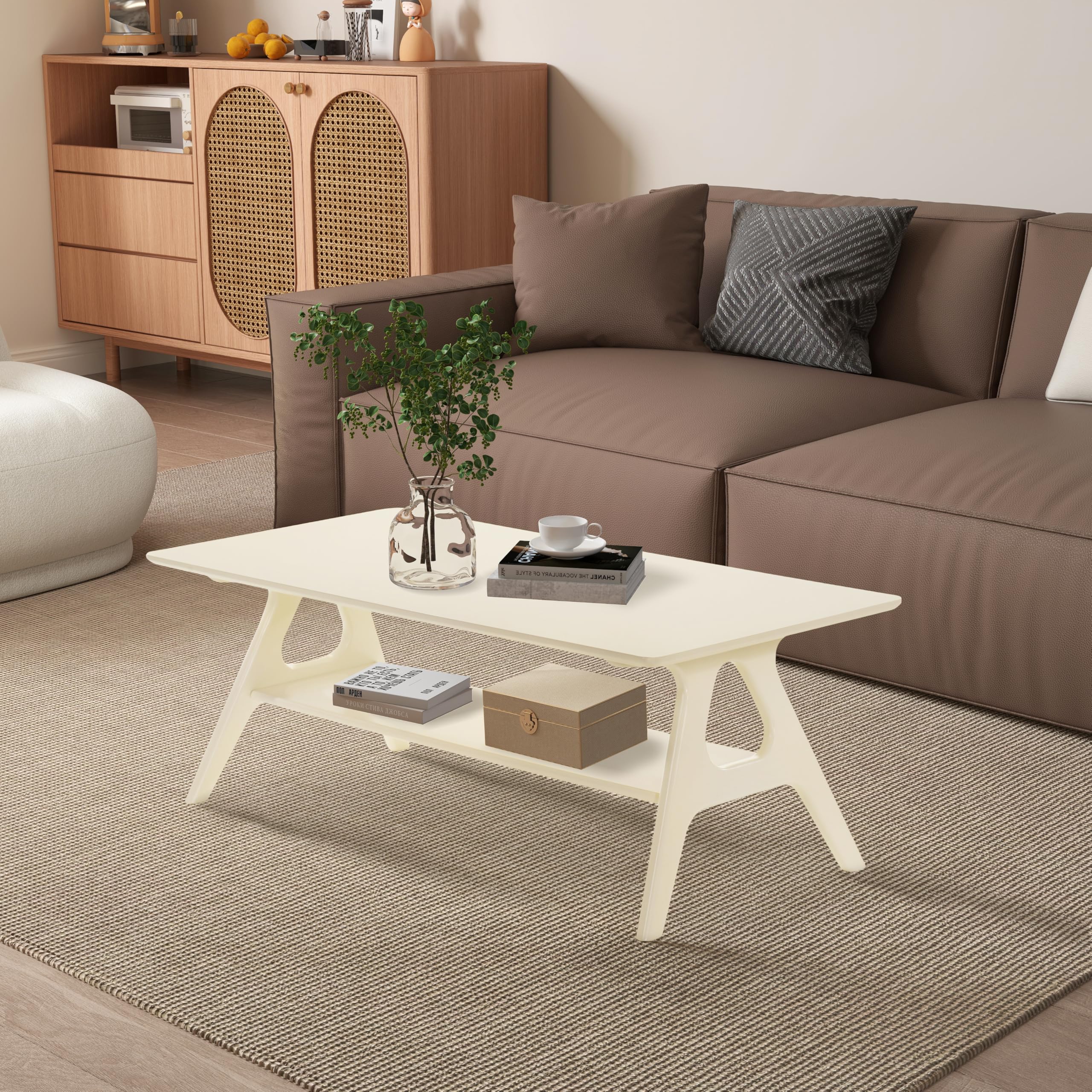 Arona Mid-Century Modern Wood Shelf Coffee Table, Off-White Finish
