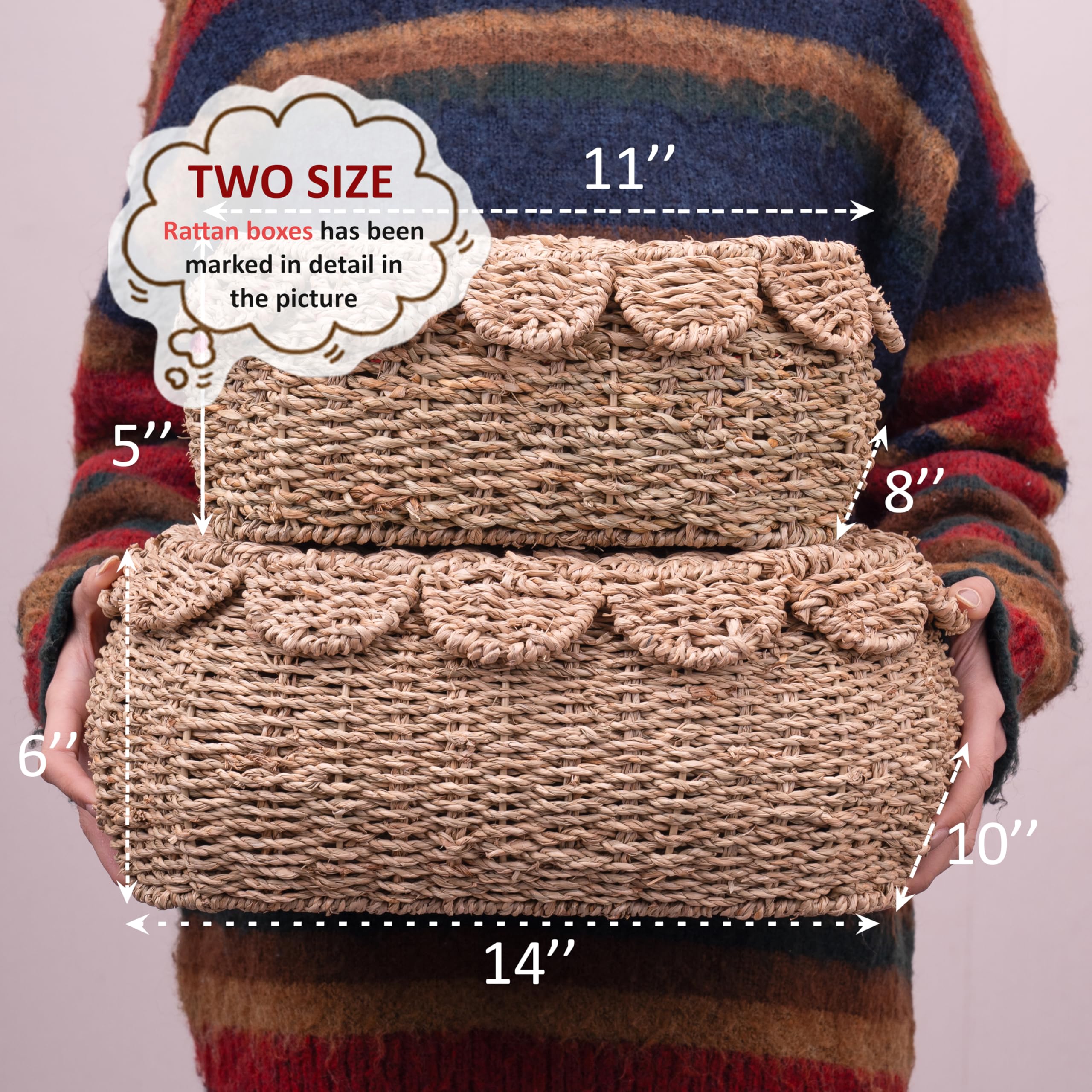 Set of 2 Hand Round Wicker Storage Baskets, Rattan Basket Decorative Boxes