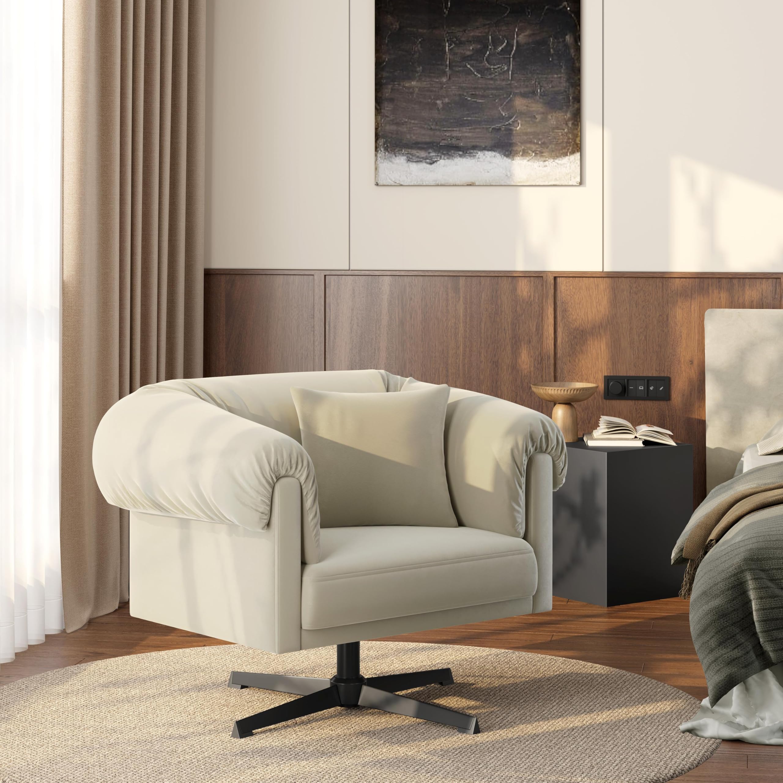 Swivel Velvet Armchair with Pillow, Modern Upholstered Accent Chair for Living Room