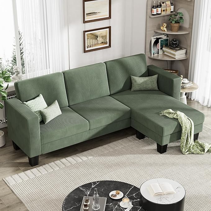 L-Shaped Convertible Sectional Sofa 3 Seater with Corduroy Fabric
