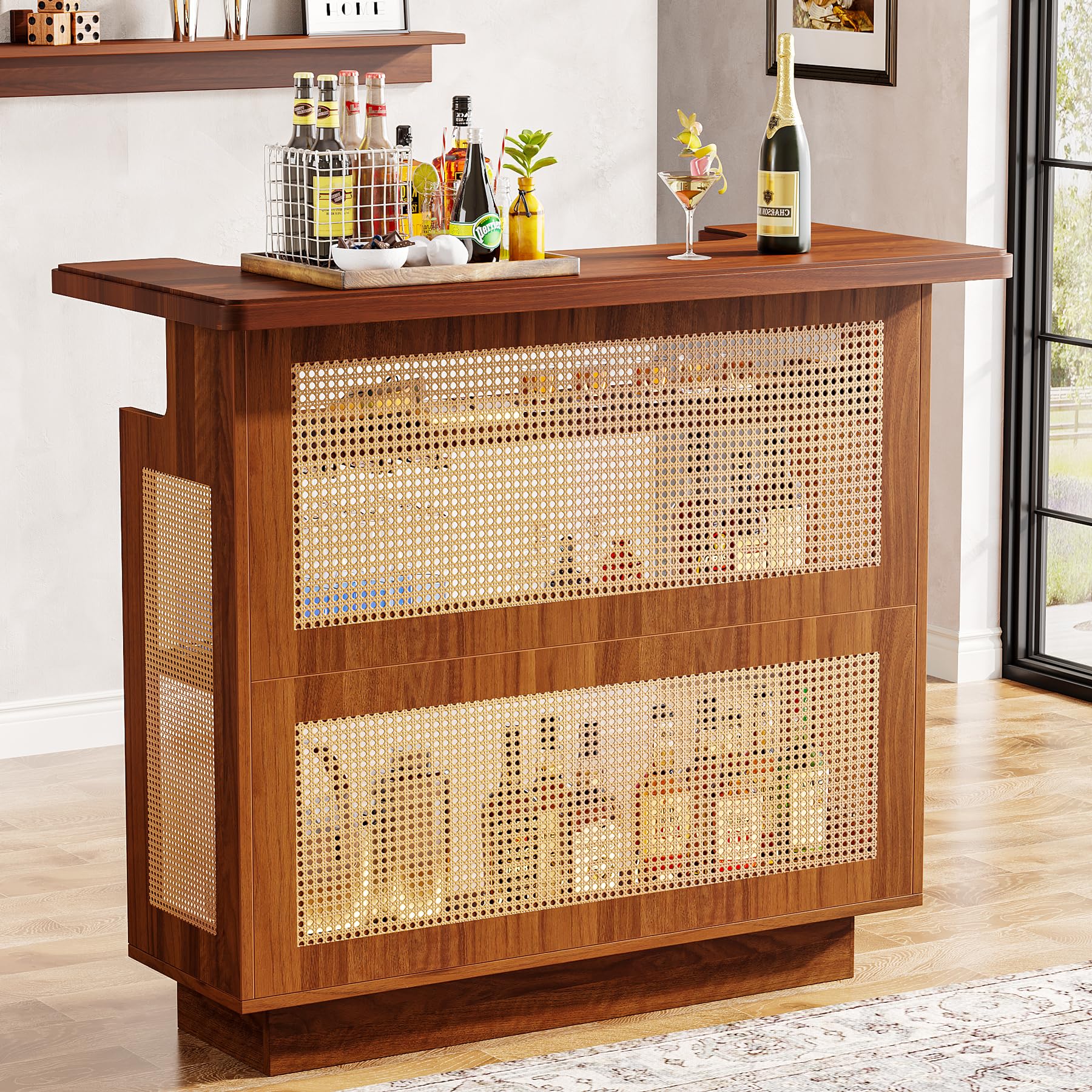 Rattan Home Bar Unit, Farmhouse 4-Tier Bar Table with 4 Stemware Racks