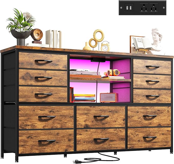 Black Dresser with LED Lights & Power Outlets