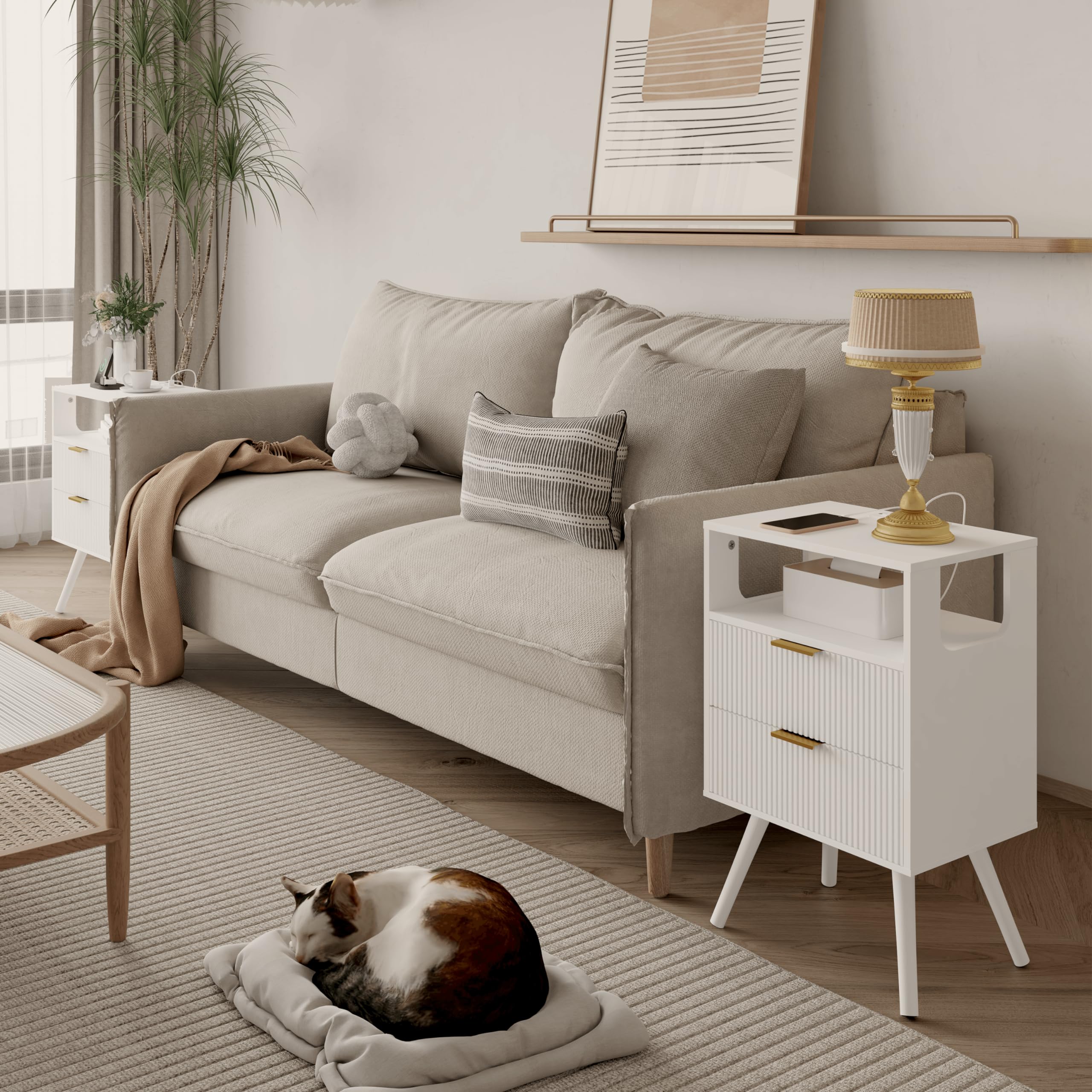 Bedroom Furniture Nightstand with Charging Station and LED Lights,Modern Bedside Table