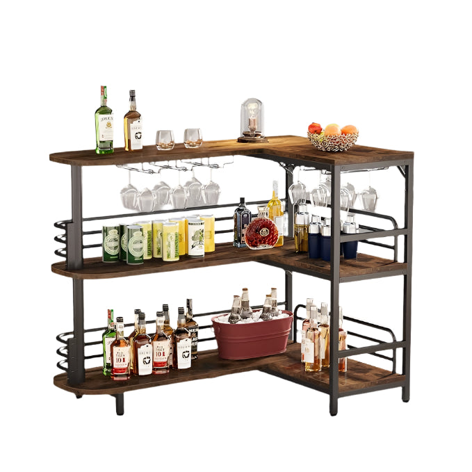 Home Bar Unit, 3 Tier Liquor Table With Storage Shelves and Wine Glasses Holder