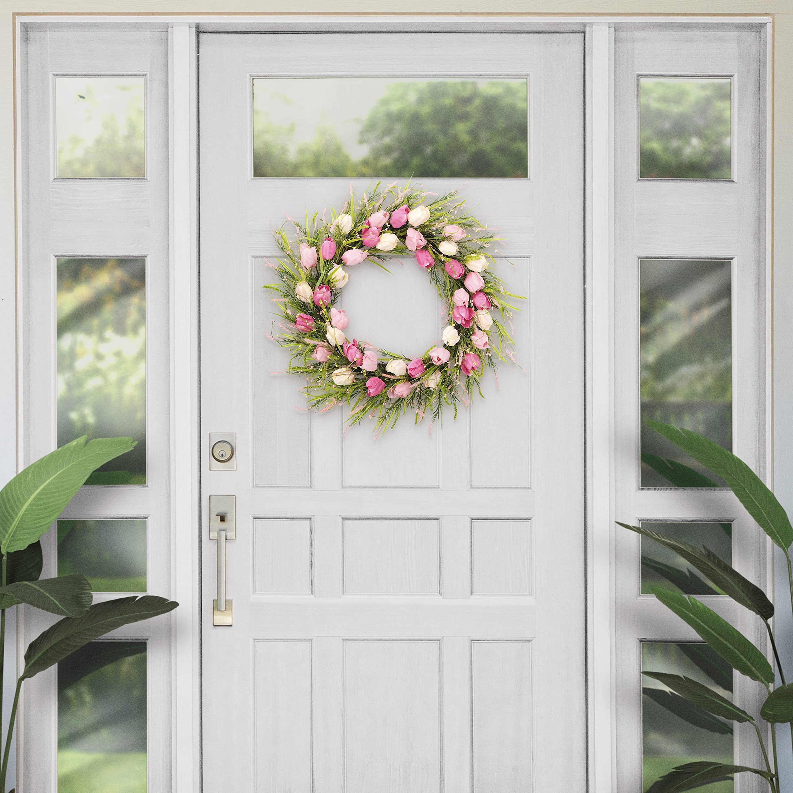 30" Artificial Tulip Floral Spring Door Wreath, Green/Pink