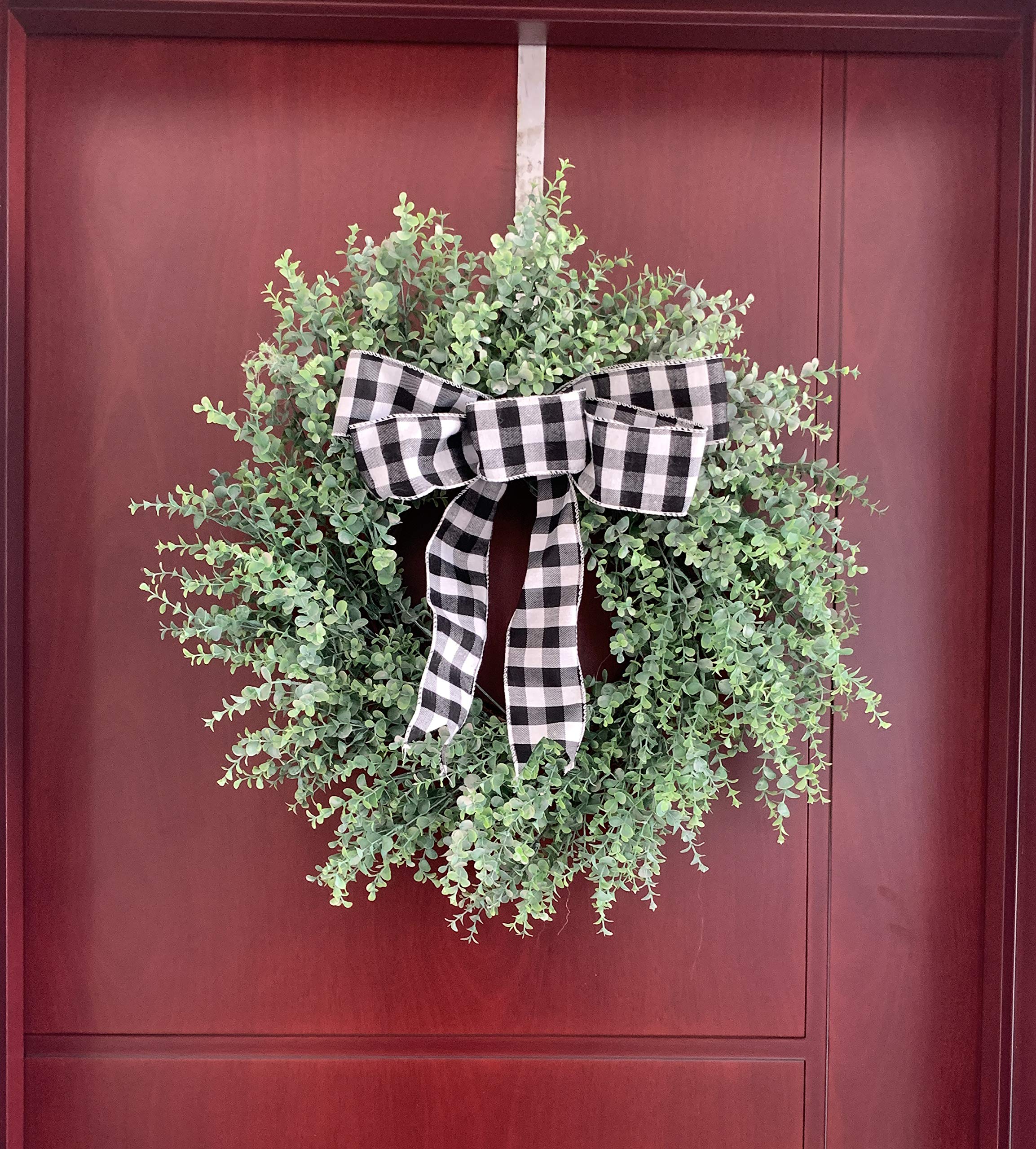 24 Inch Spring Front Door Wreath Boxwood Black White Plaid Bowknot Wreath Mini