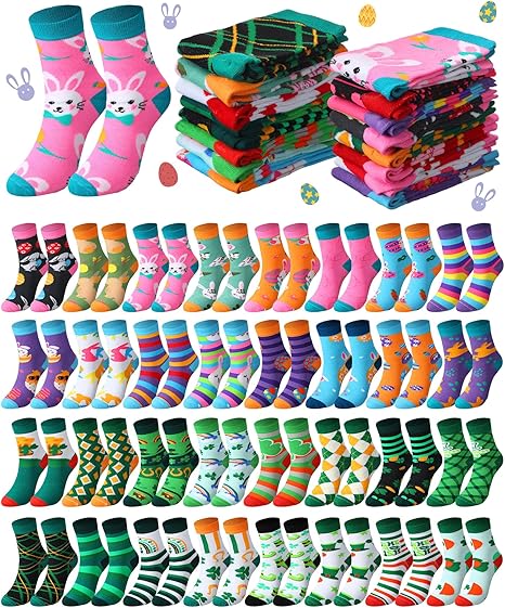 48 Pairs Easter Socks Bulk Funny Novelty St. Patrick's Day Crew Socks for Women Men
