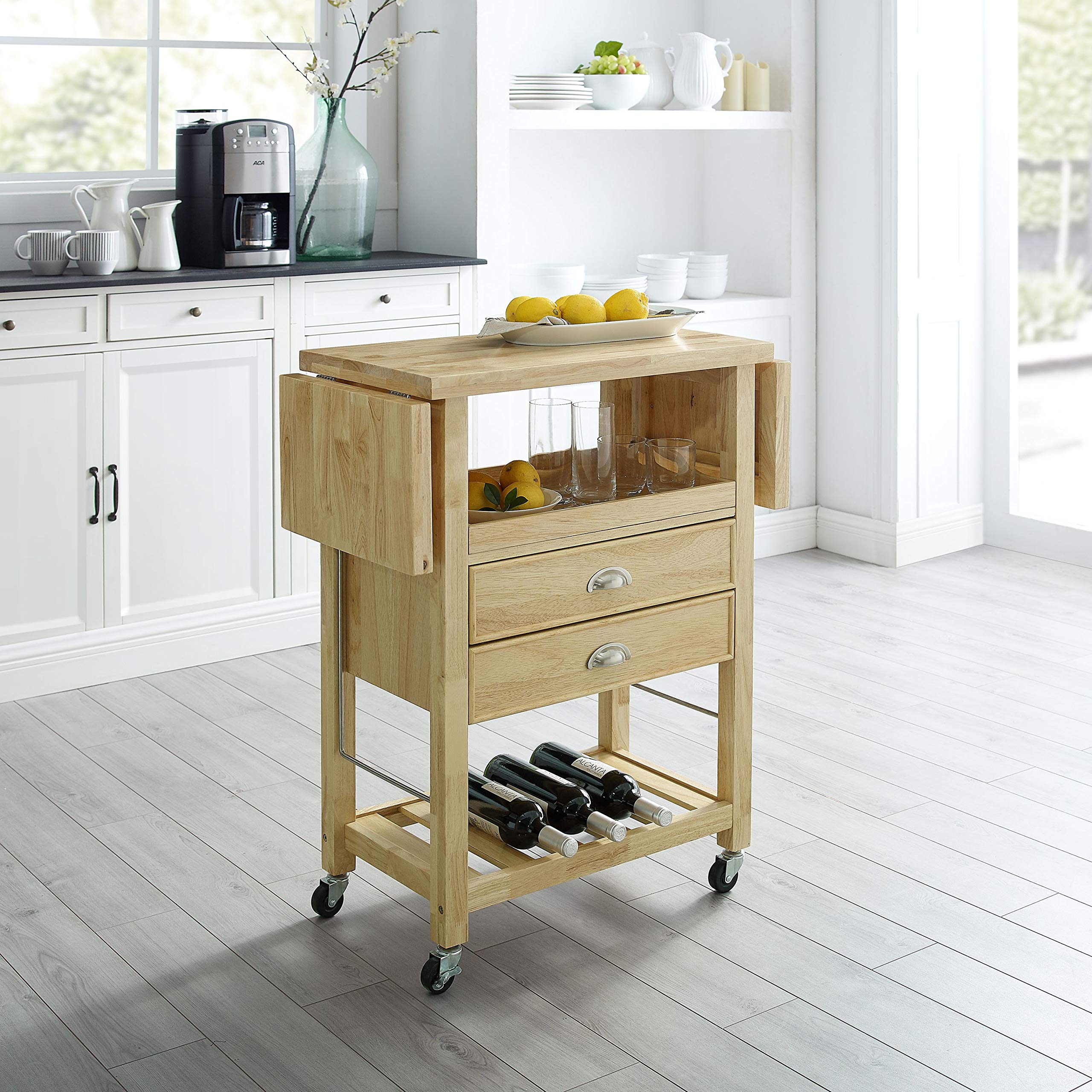 Bristol Drop Leaf Rolling Kitchen Cart with Serving Tray and Shelves