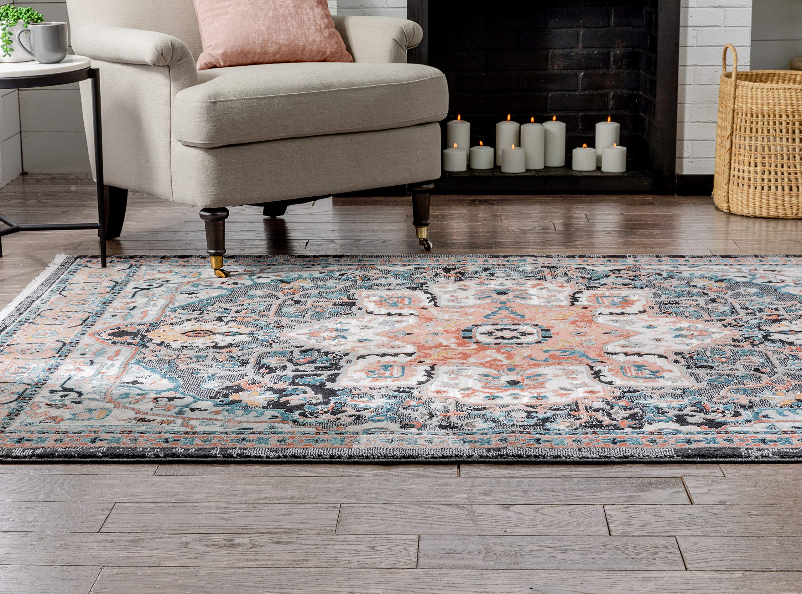 Lycie Multi Black & Pink Vintage Oriental Distressed Medallion Pattern Boho