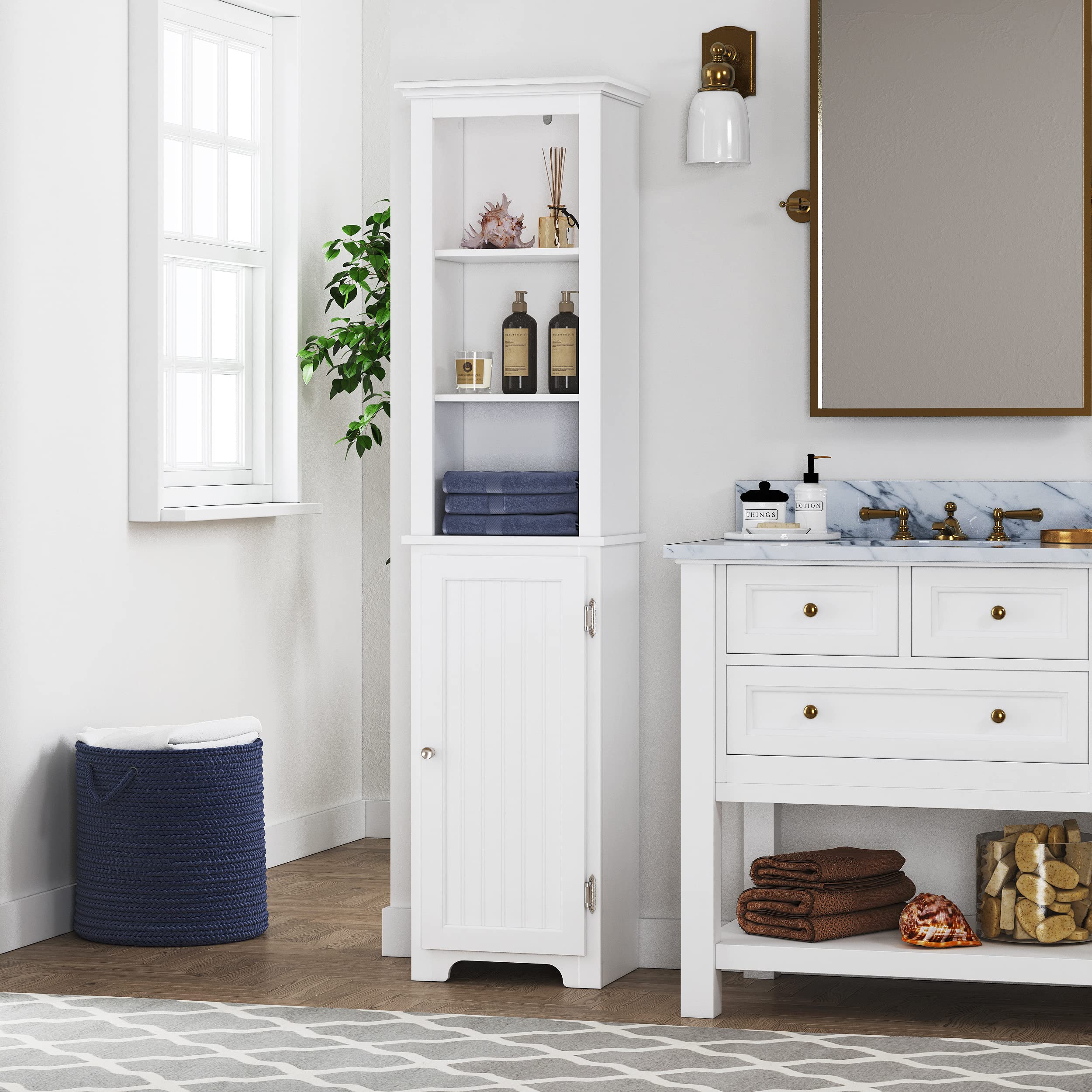 64" Freestanding Storage Cabinet, Bathroom Tall Silm Cabinet with Doors and Adjustable