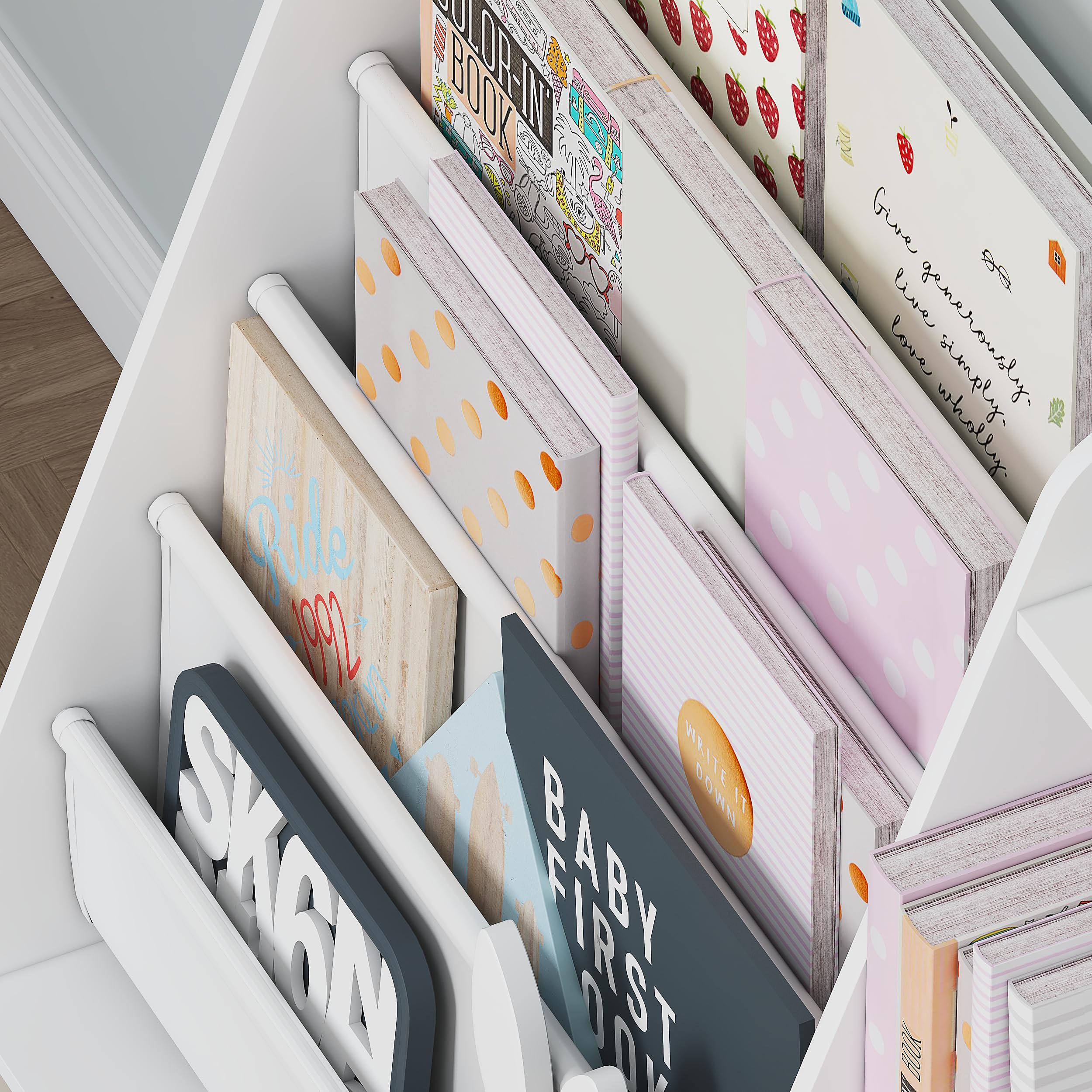 5-Tier Kids Sling Bookshelf with Storage Bins, Wood Children Bookcase