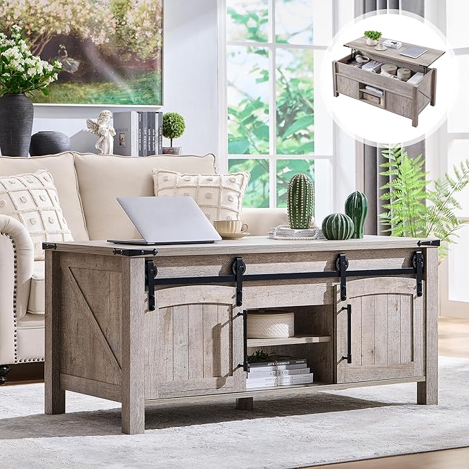 Farmhouse Lift Top Coffee Table with Sliding Door, 48" Large Rustic Center Table