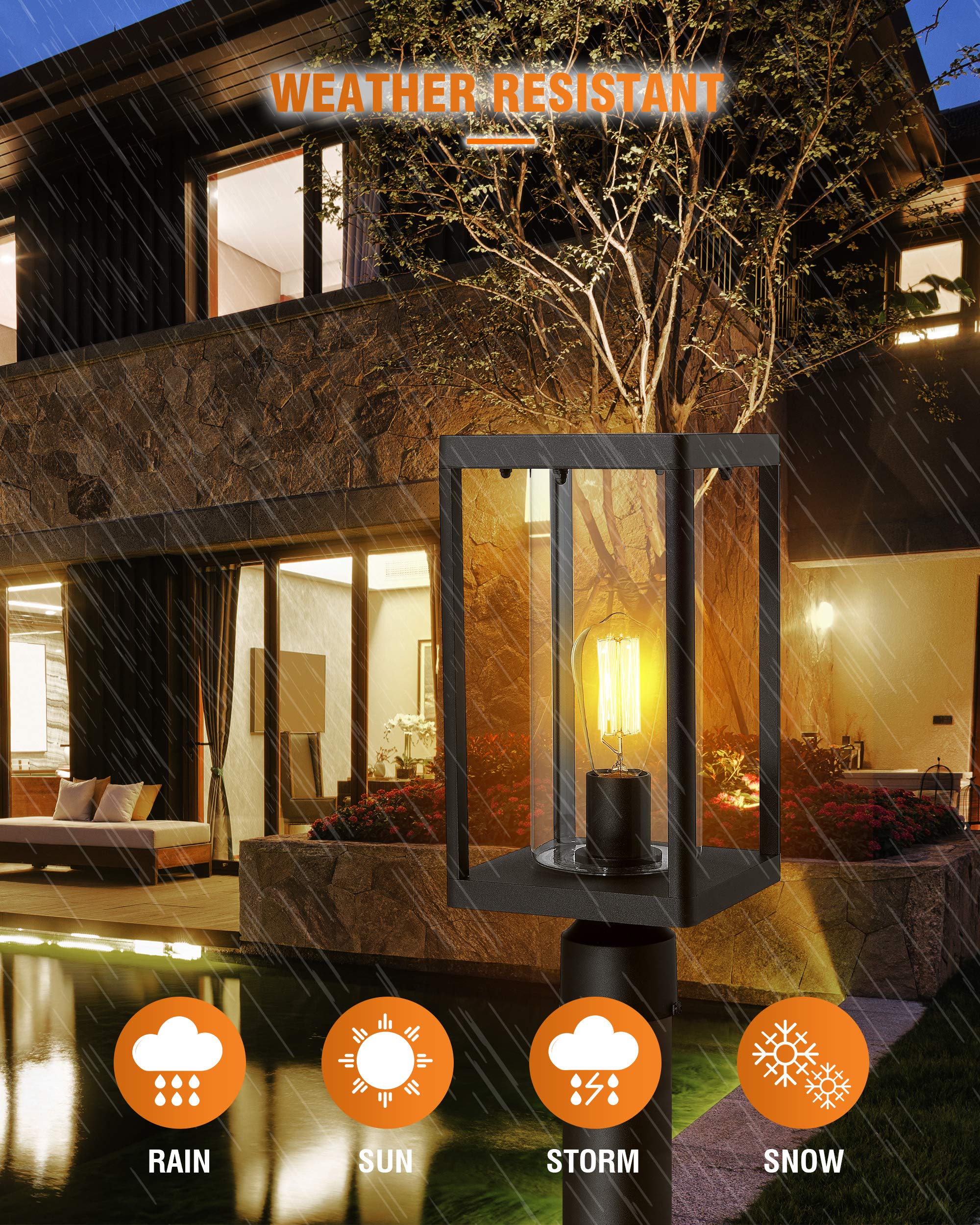 Beionxii Outdoor Post Lantern, 20inch Large Modern Lamp Post Light Fixture Exterior Pillar Lights with Pier Mount Base, Black Cast Aluminum w/Clear Cylinder Glass - A291P-2PK (NOT Solar, 110-120V AC)