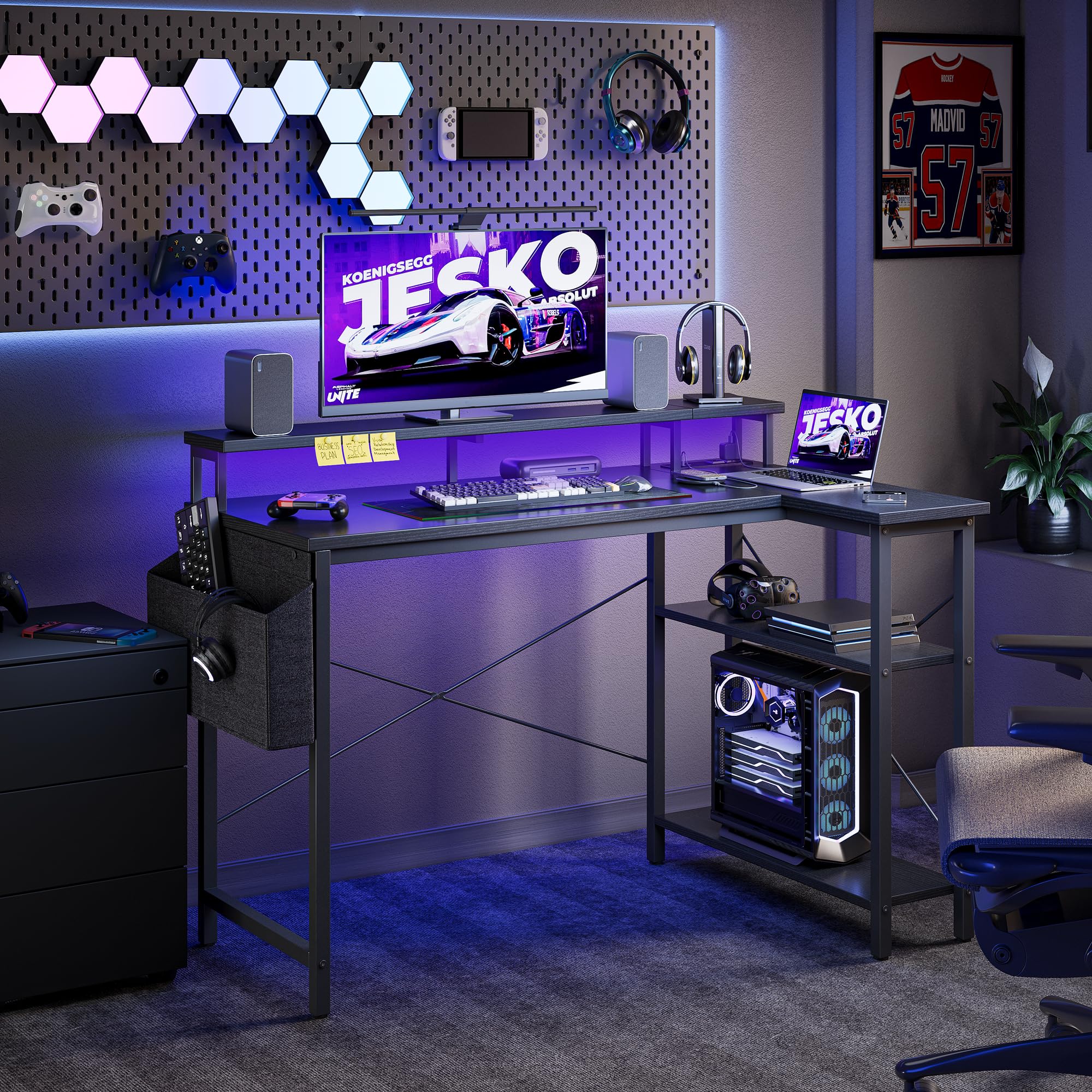 Shaped Gaming Desk with Power Outlets