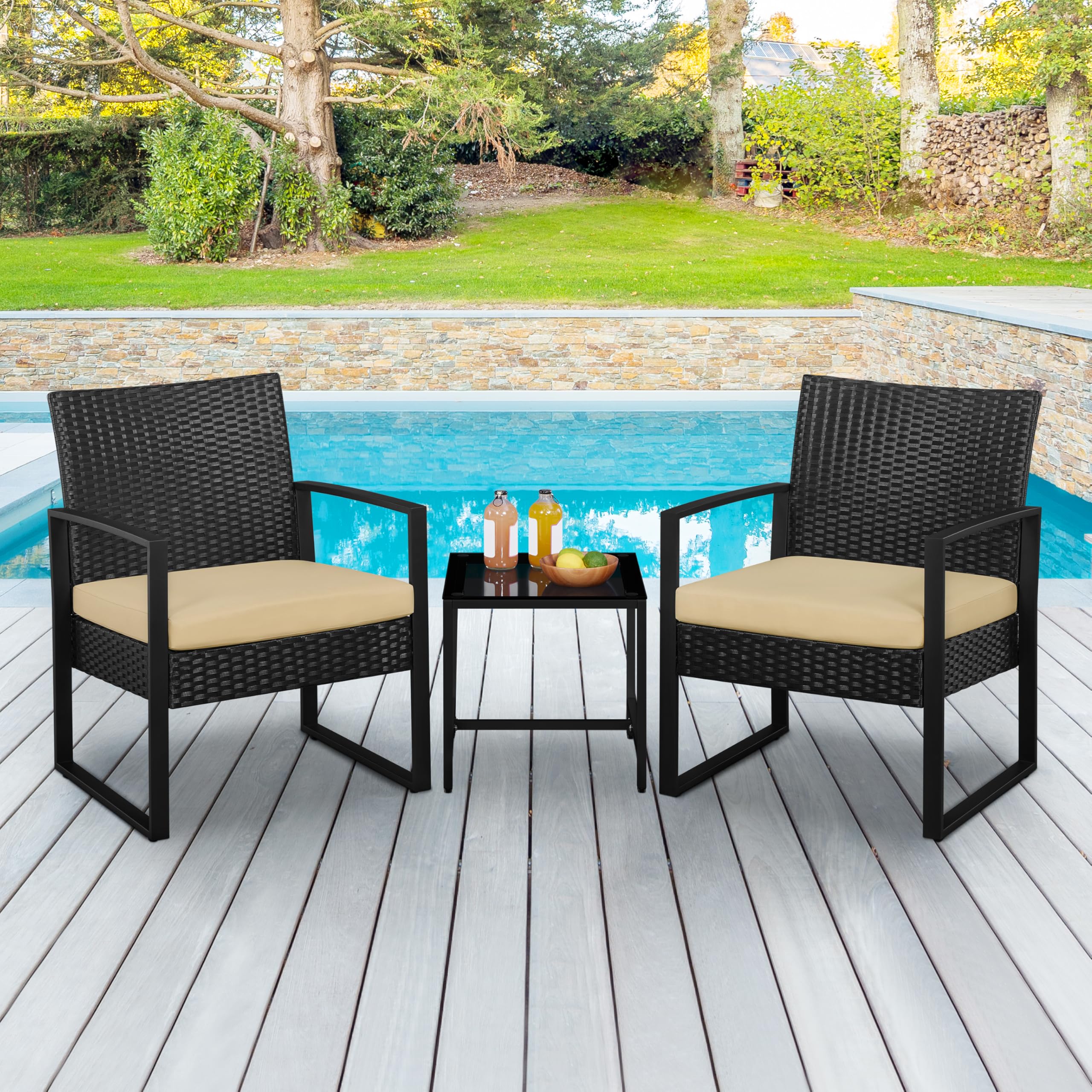 3 Pieces Rattan Bistro Set, Indoor/Outdoor Wicker Patio Modern Conversation Furniture