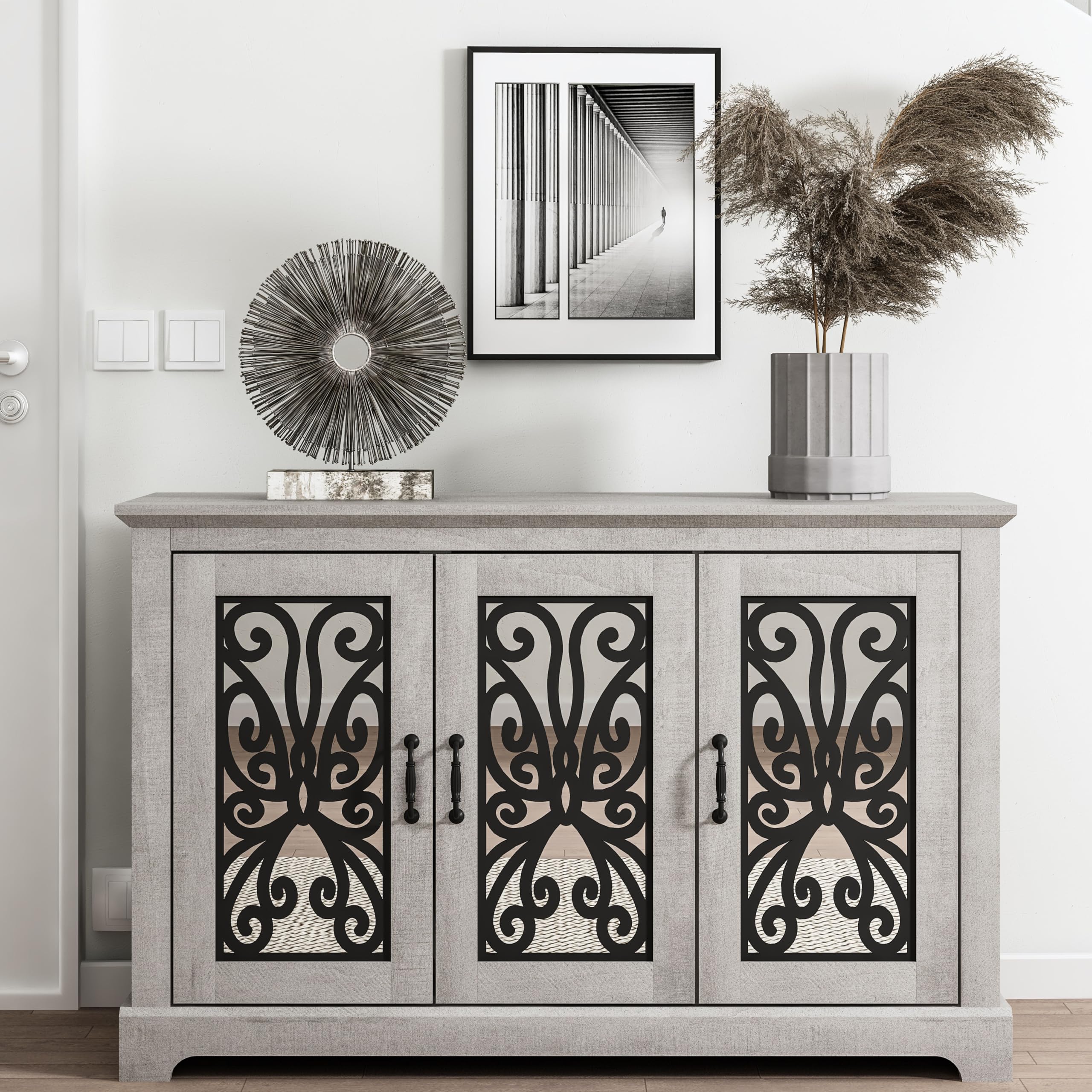 Sideboard Storage Cabinet, Wood Accent Buffet Cabinet with 3 Doors & Adjustable Shelves