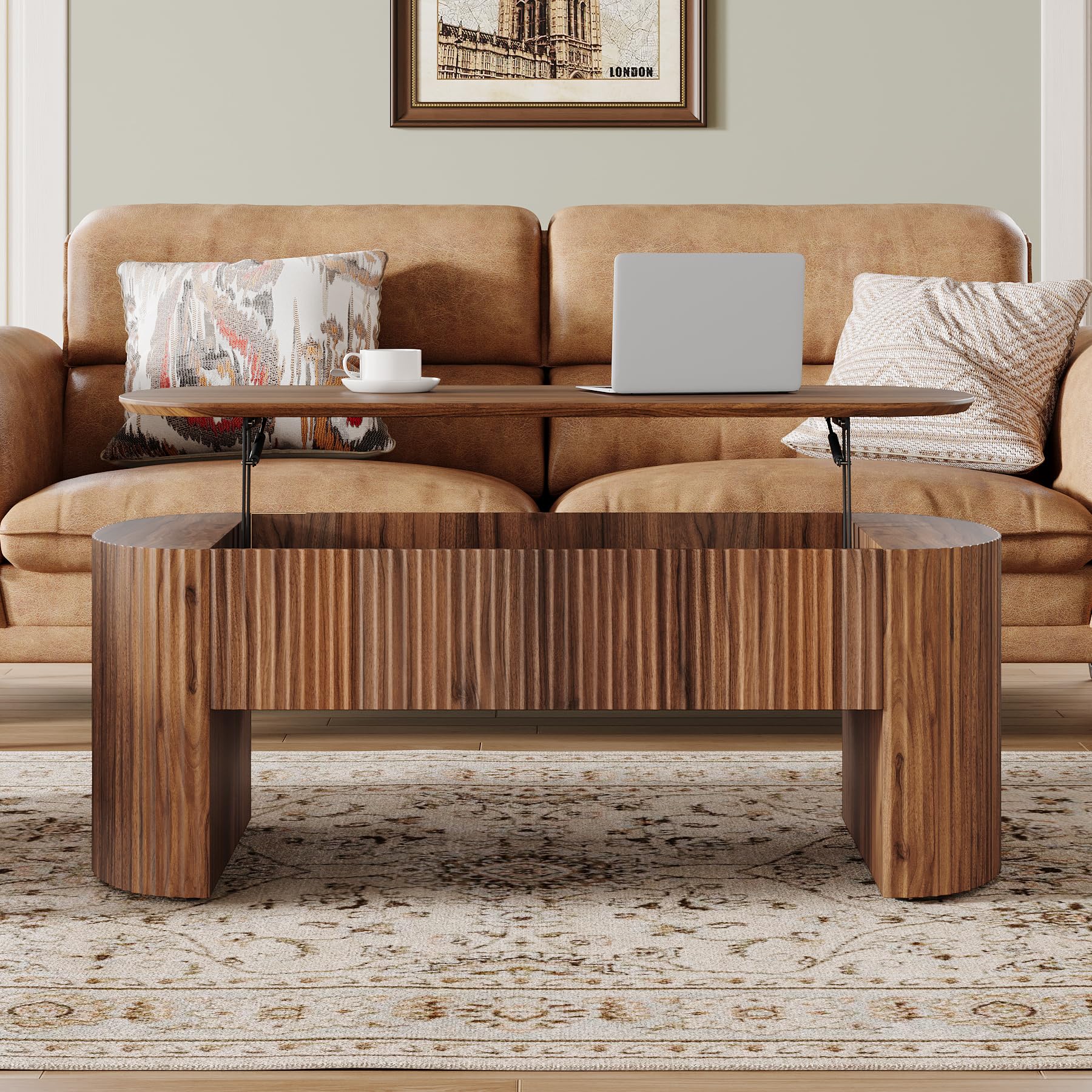 47-Inch Oval Lift Top Coffee Table with Storage Shelf for Living Room, Rustic Lift Up