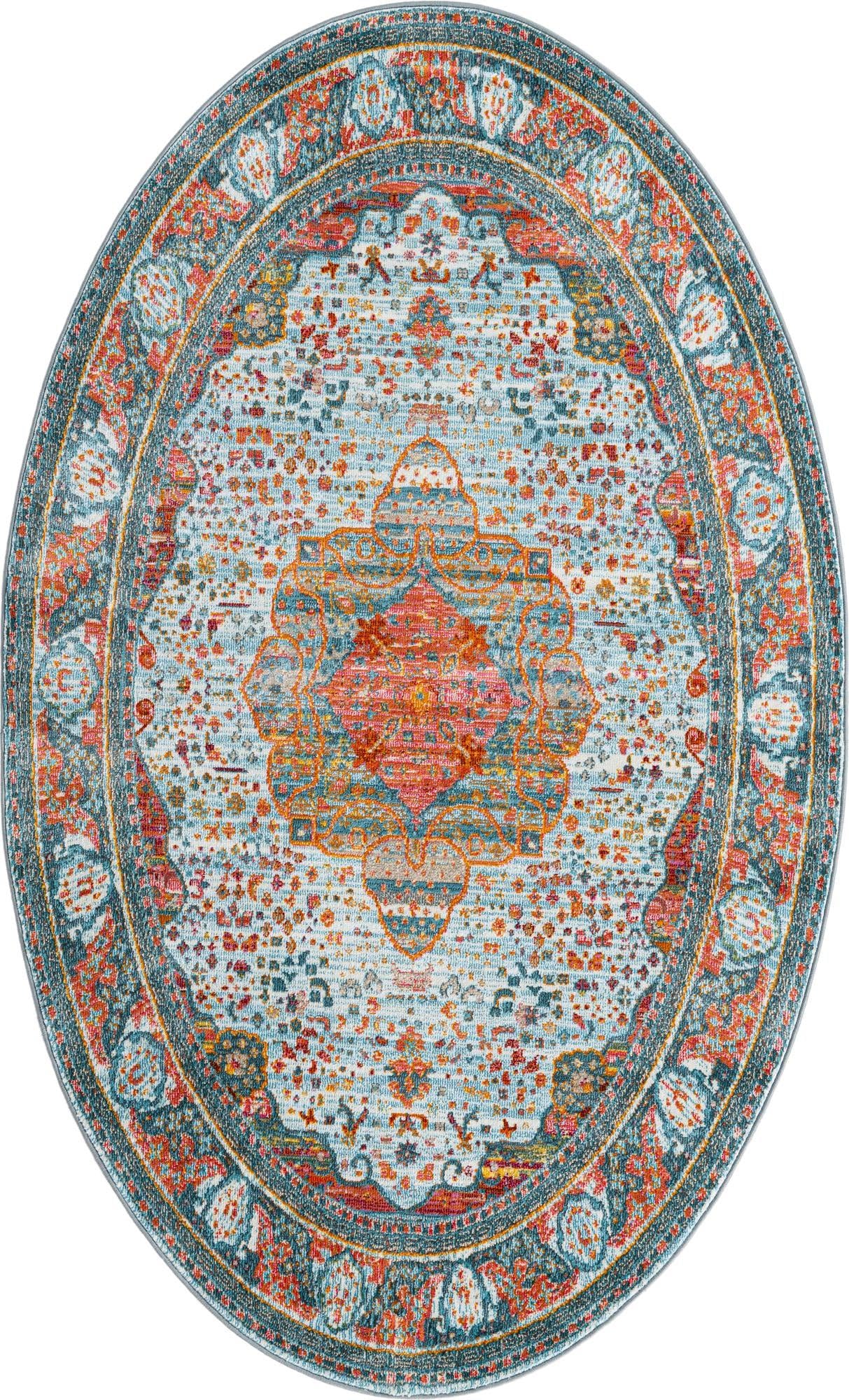 Baracoa Collection Area Rug - Malecon (5' 1" x 8' Oval, Light Blue/ Orange)